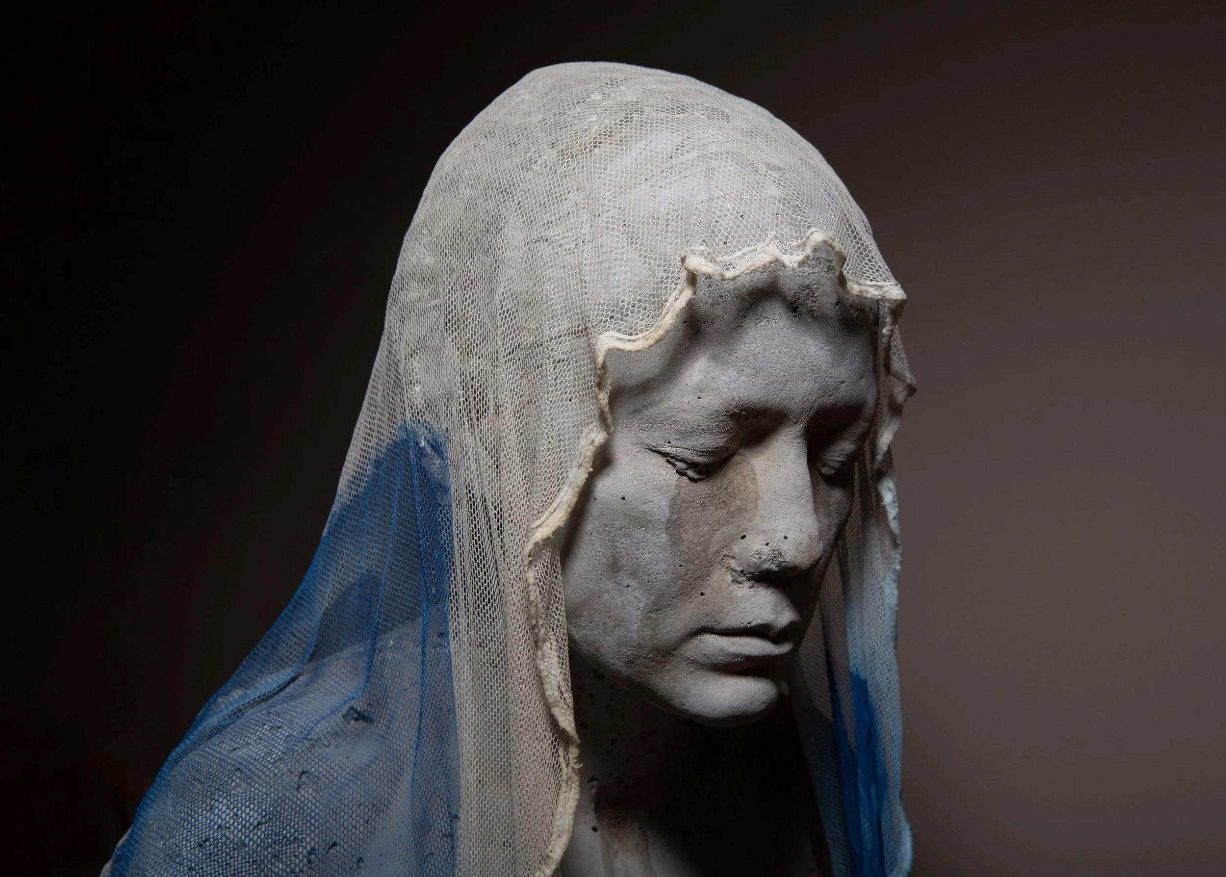 concrete self portrait with cyanotype imaged veil 