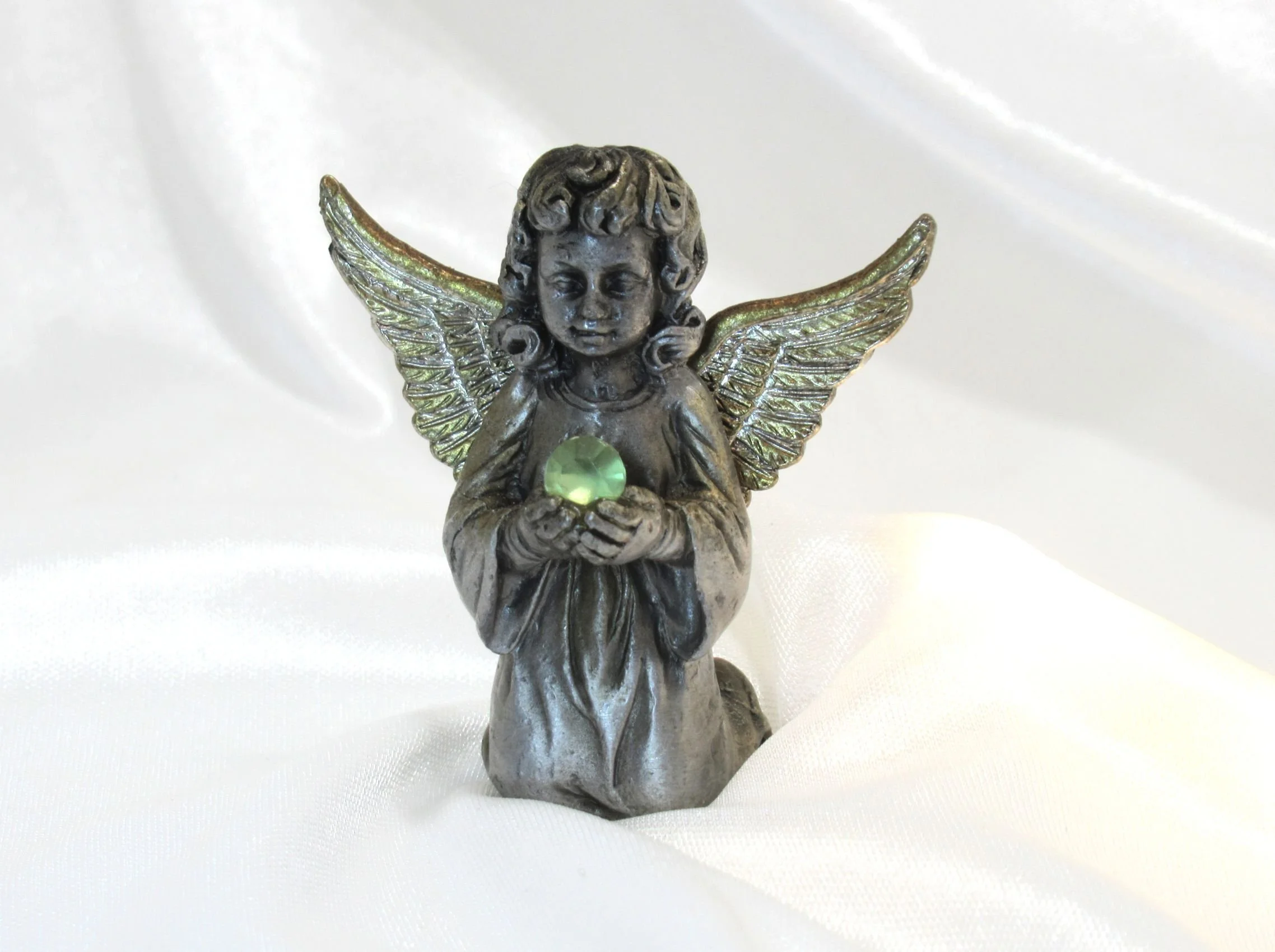 Rosies Vintage and Nik Naks Vintage Vintage Pewter Birthstone Angel Figurine August Green Crystal Miniature Kneeling Cherub