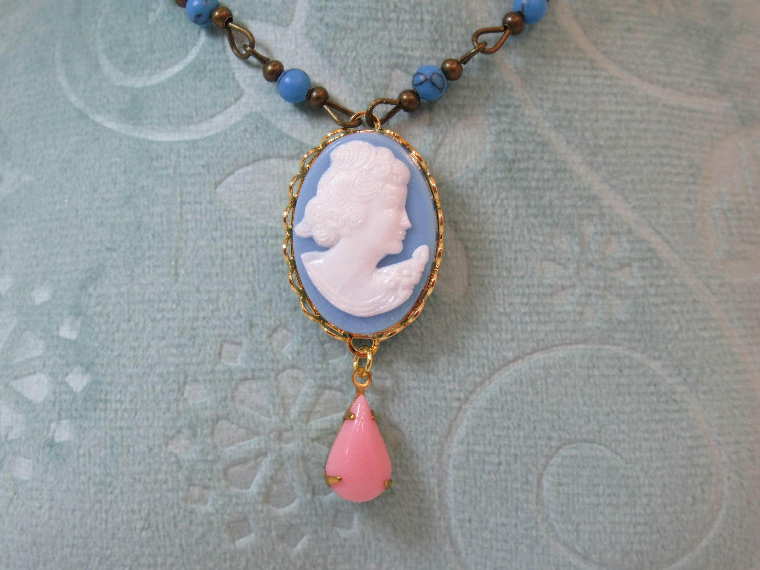 Rosies Vintage and Nik Naks Handcrafted Vintage Cameo "Wedgwood" Blue & Pink Glass Beaded Pendant Necklace Old New.