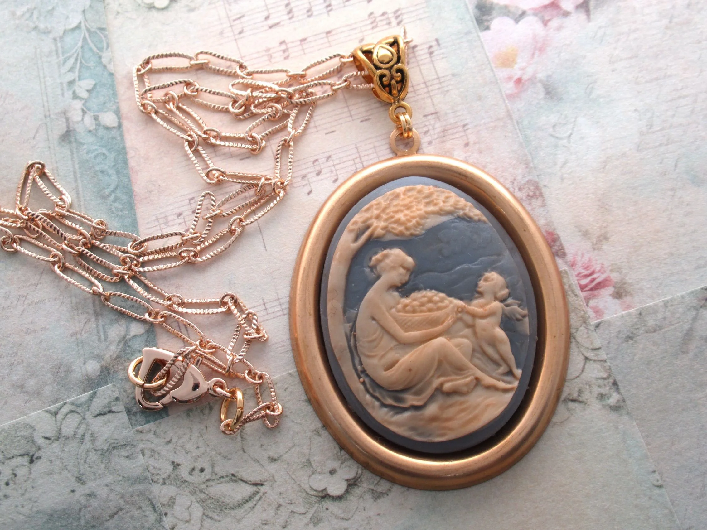 Rosies Vintage and Nik Naks Handcrafted  Cupid Cameo Necklace | Vintage Wedgwood Blue Pendant.