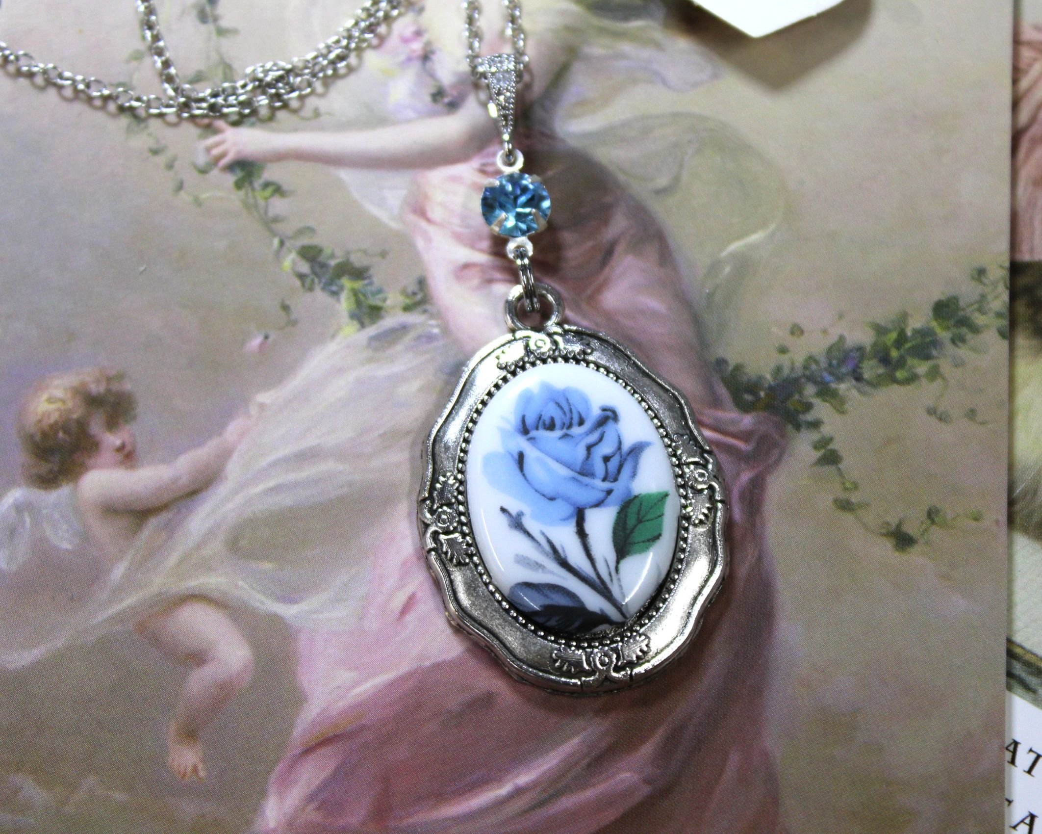 Rosies Vintage & Nik Naks Handcrafted Vintage Blue Rose Cameo Necklace | Victorian Filigree Pendant