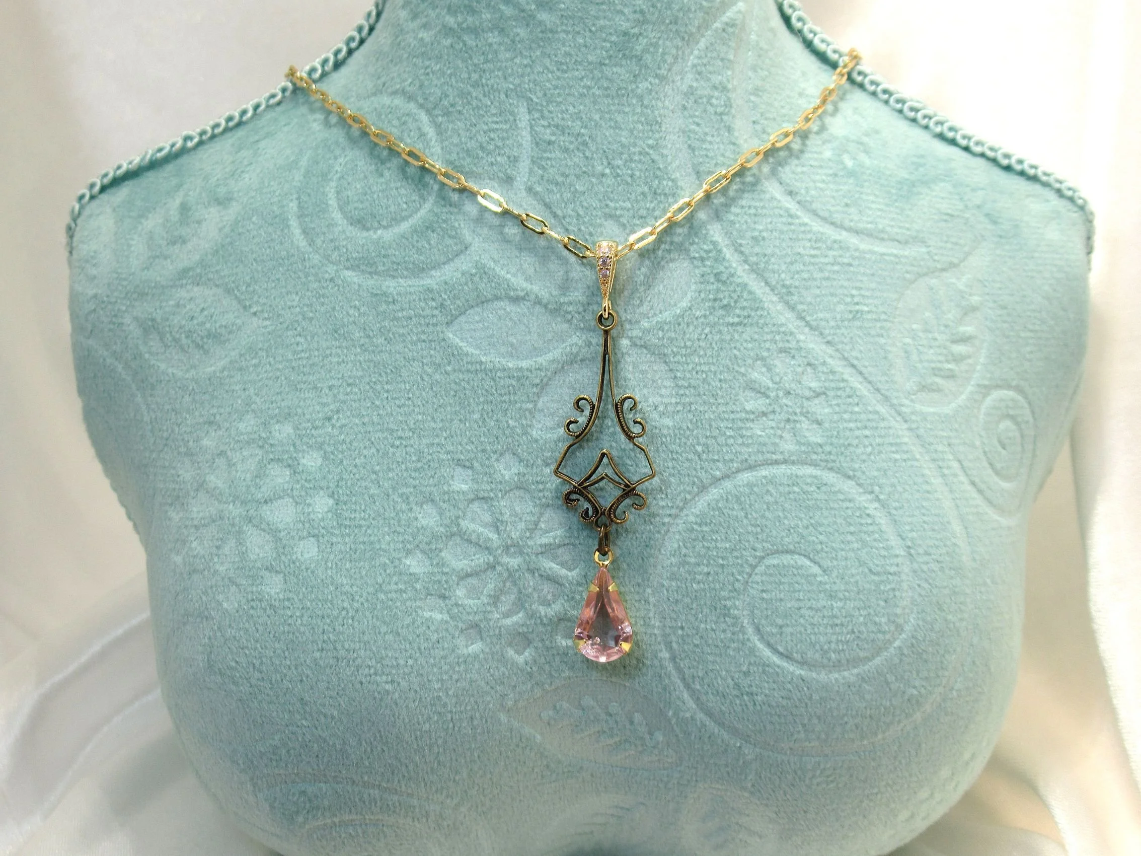 Handcrafted Vintage Brass Crystal Gold-Plated Necklace with Pink Swarovski Crystal Drop Pendant