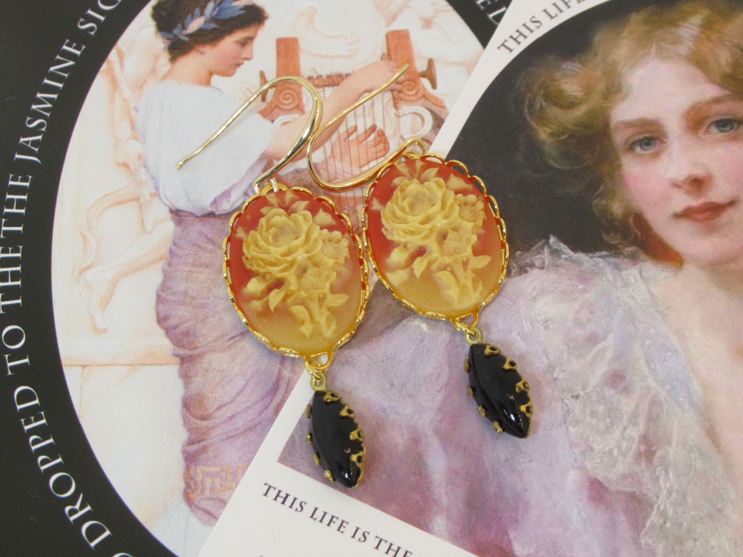 Handcrafted Vintage Cameo Carnelian Rose Black Glass 24K Gold-Plated Earrings Old New