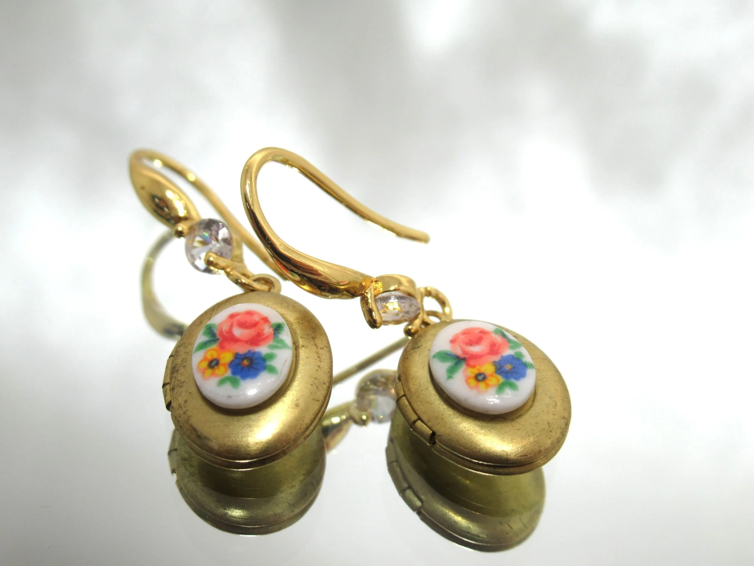 Handcrafted Locket Vintage Glass Decal Earrings Old New.