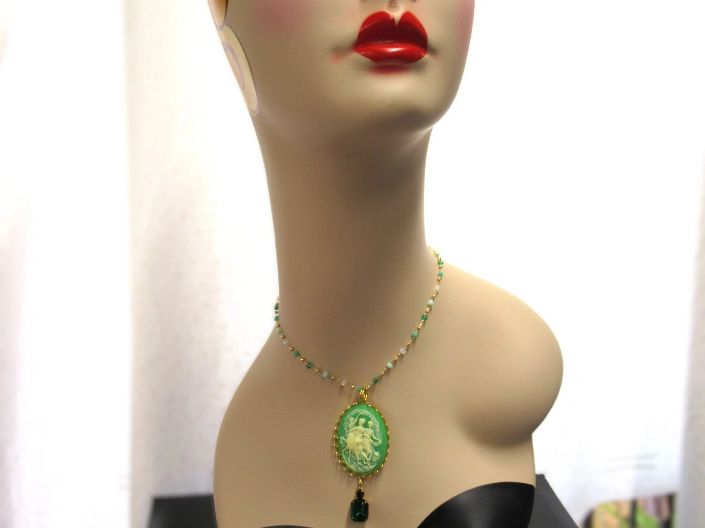 Rosies Vintage and Nik Naks Handcrafted Vintage Kelly Green Cameo Necklace – Three Muses Gold-Plated Crystal Pendant
