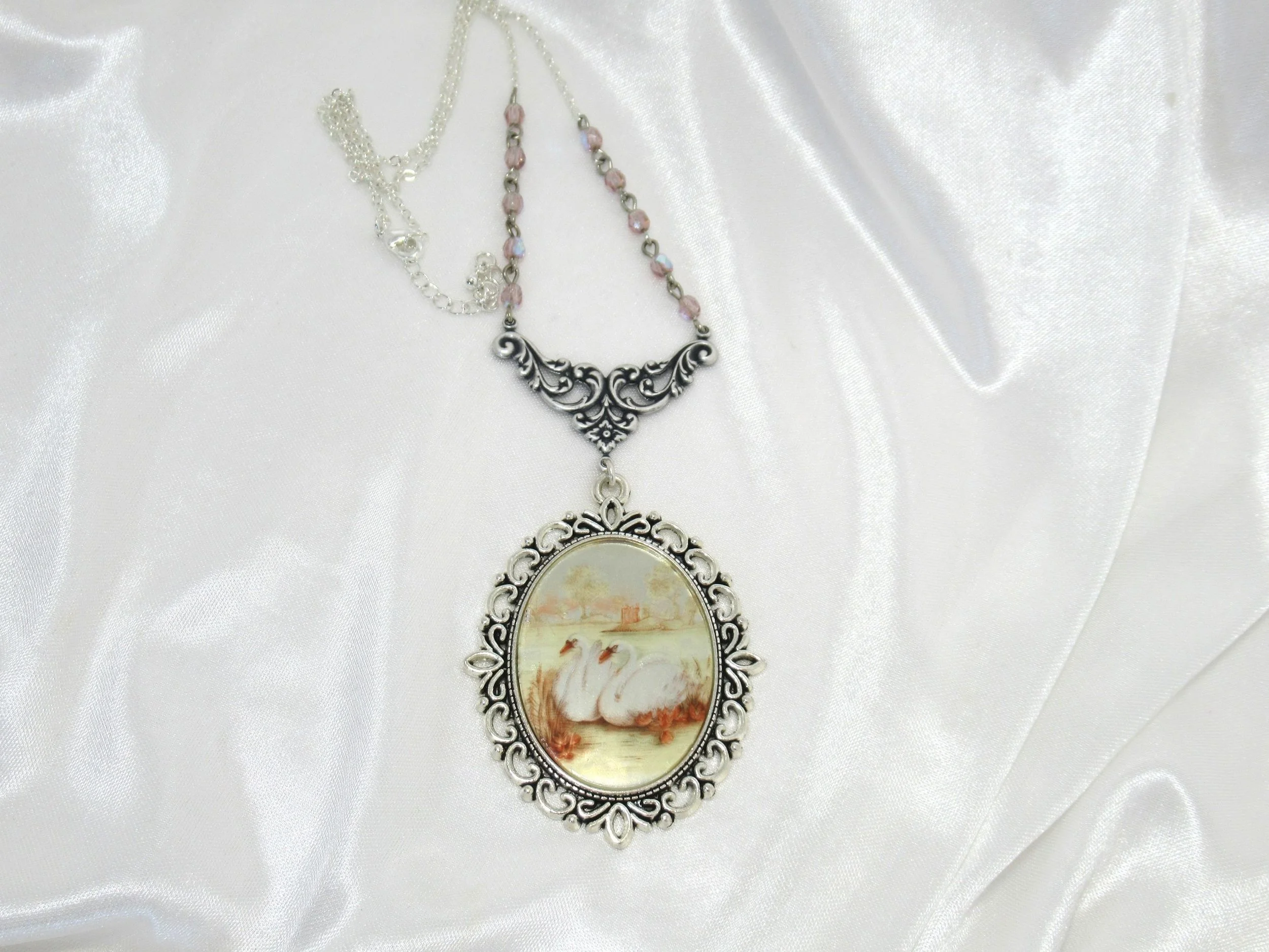 Rosies Vintage and Nik Naks Handcrafted Vintage 1950s Glass Swan Cameo Necklace & Silver Glass Bead Chain Old New.
