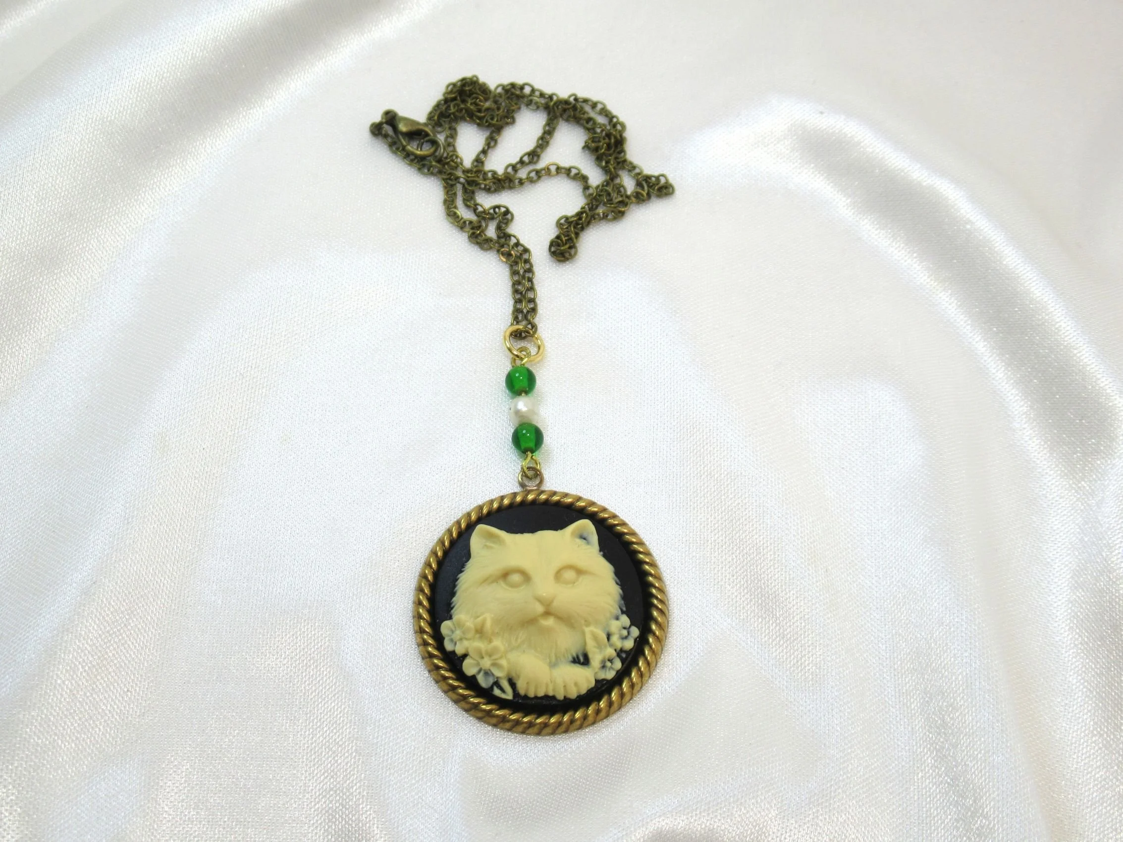 Rosies Vintage and Nik Naks Handcrafted Cat Cameo Vintage Green Glass Bead Bronzed Necklace Pendant.
