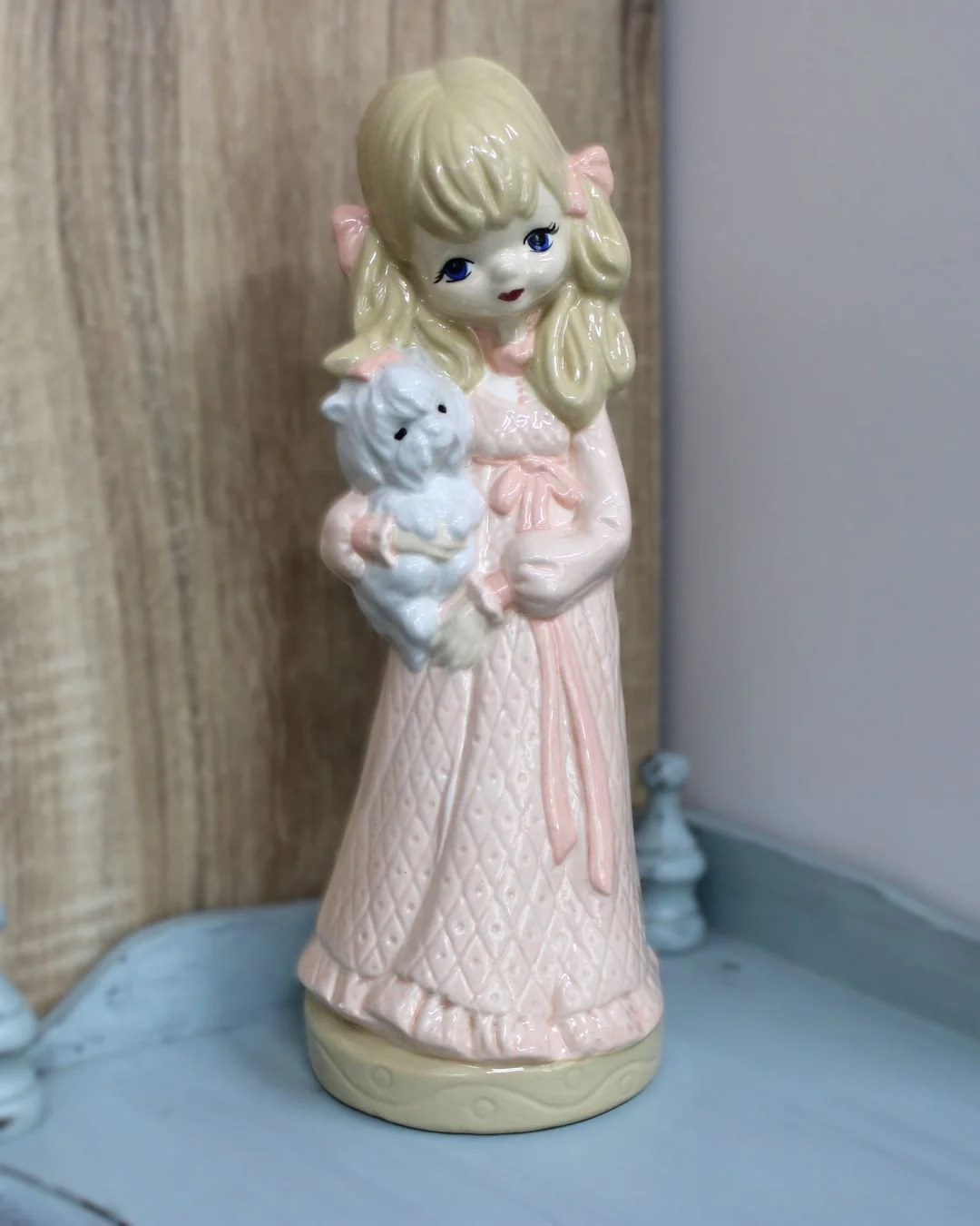 Rosie's Vintage & Nik Naks Vintage 1970s Ceramic Girl Figurine Pink Dress holding Puppy Big Eye Kitsch