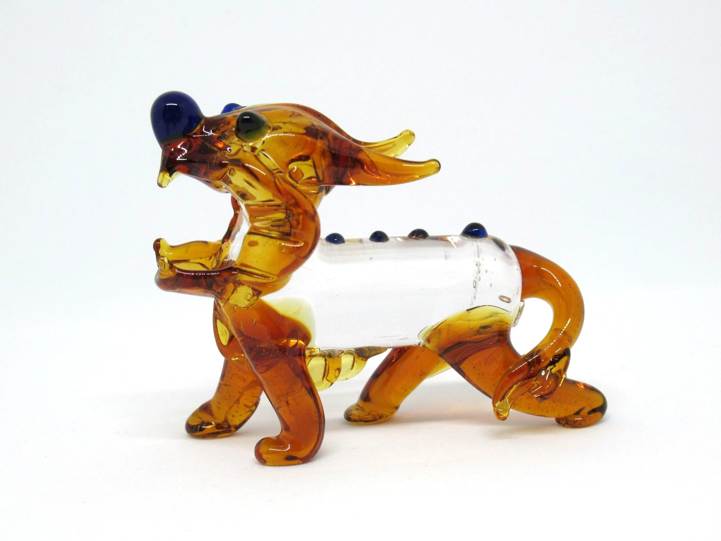 Vintage Hand Blown Glass Dragon Miniature Figurine | Amber & Clear Art Glass