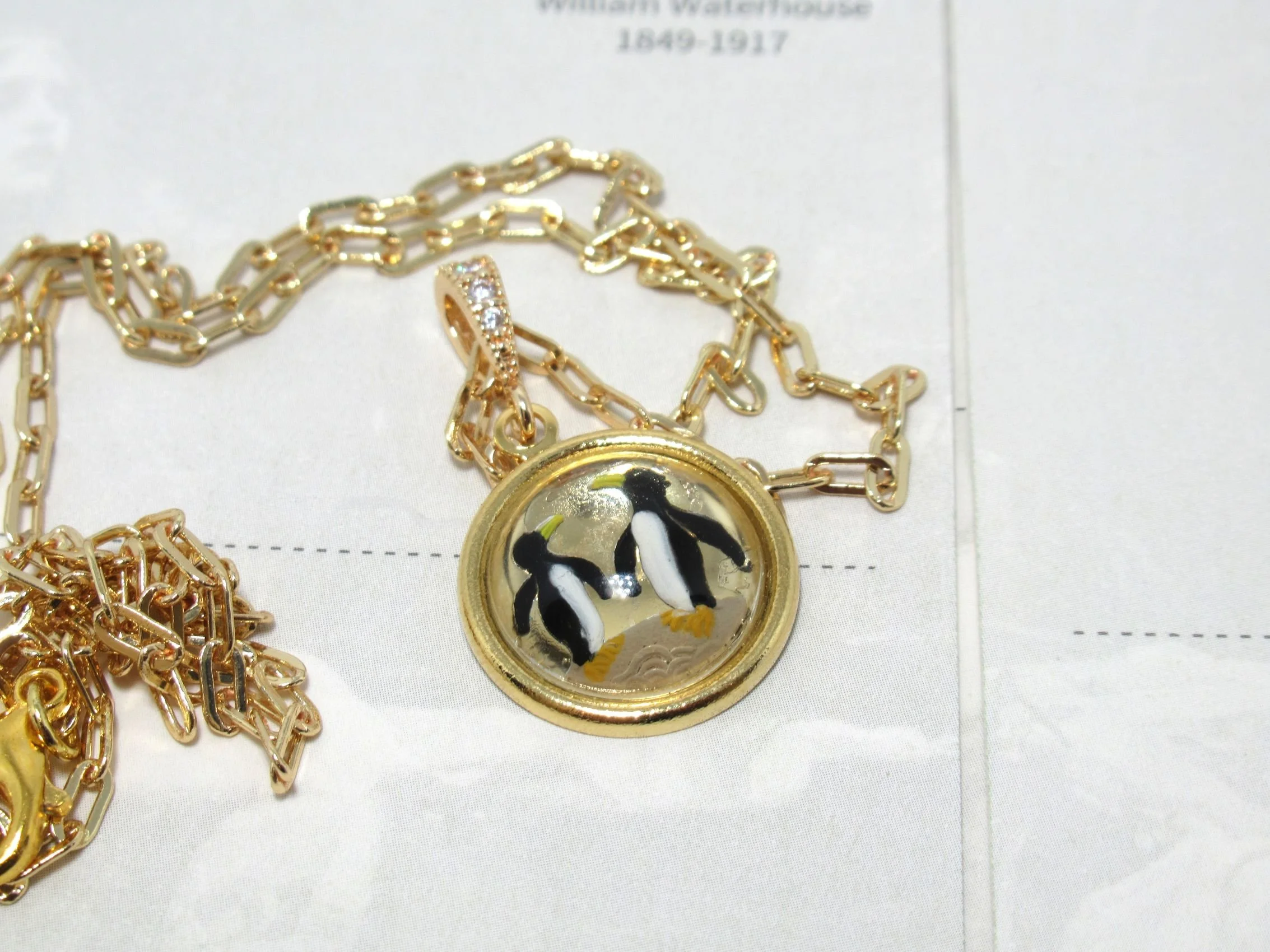 Handcrafted Vintage Gold Penguin Pendant Necklace | 1950s Glass Cameo Jewellery