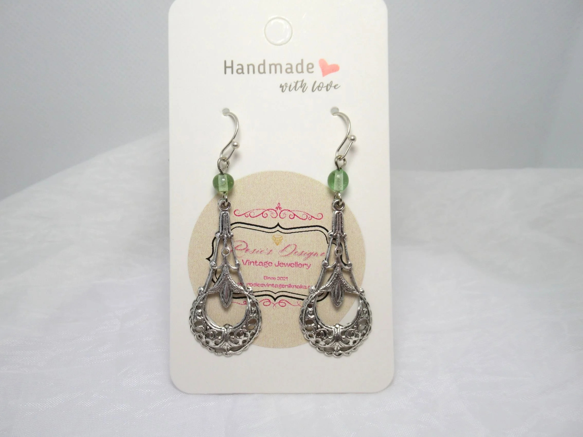 Rosies Vintage and Nik Naks Handcrafted Vintage Silver art Deco Stampings Glass Drop Earrings | 1990s Silver-Plated Jewellery