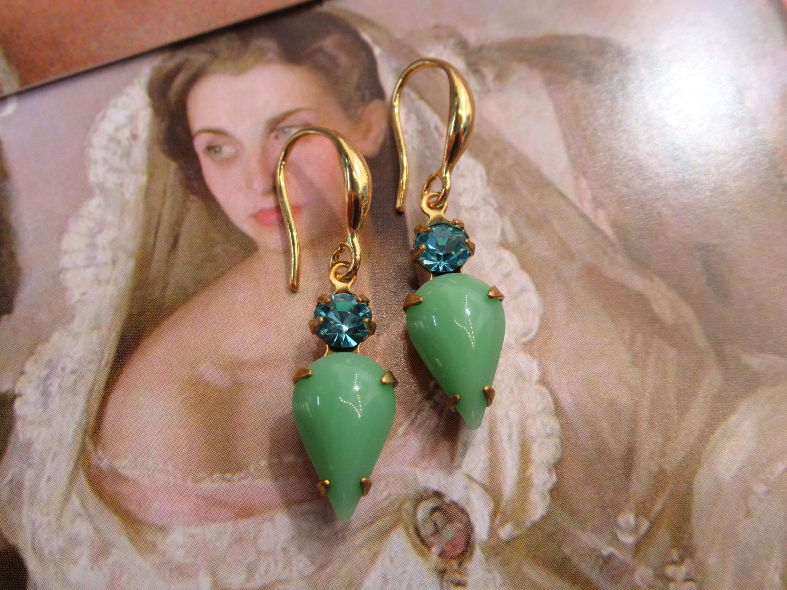 Handcrafted Vintage Jadeite Blue Crystal Gold Earrings Old New