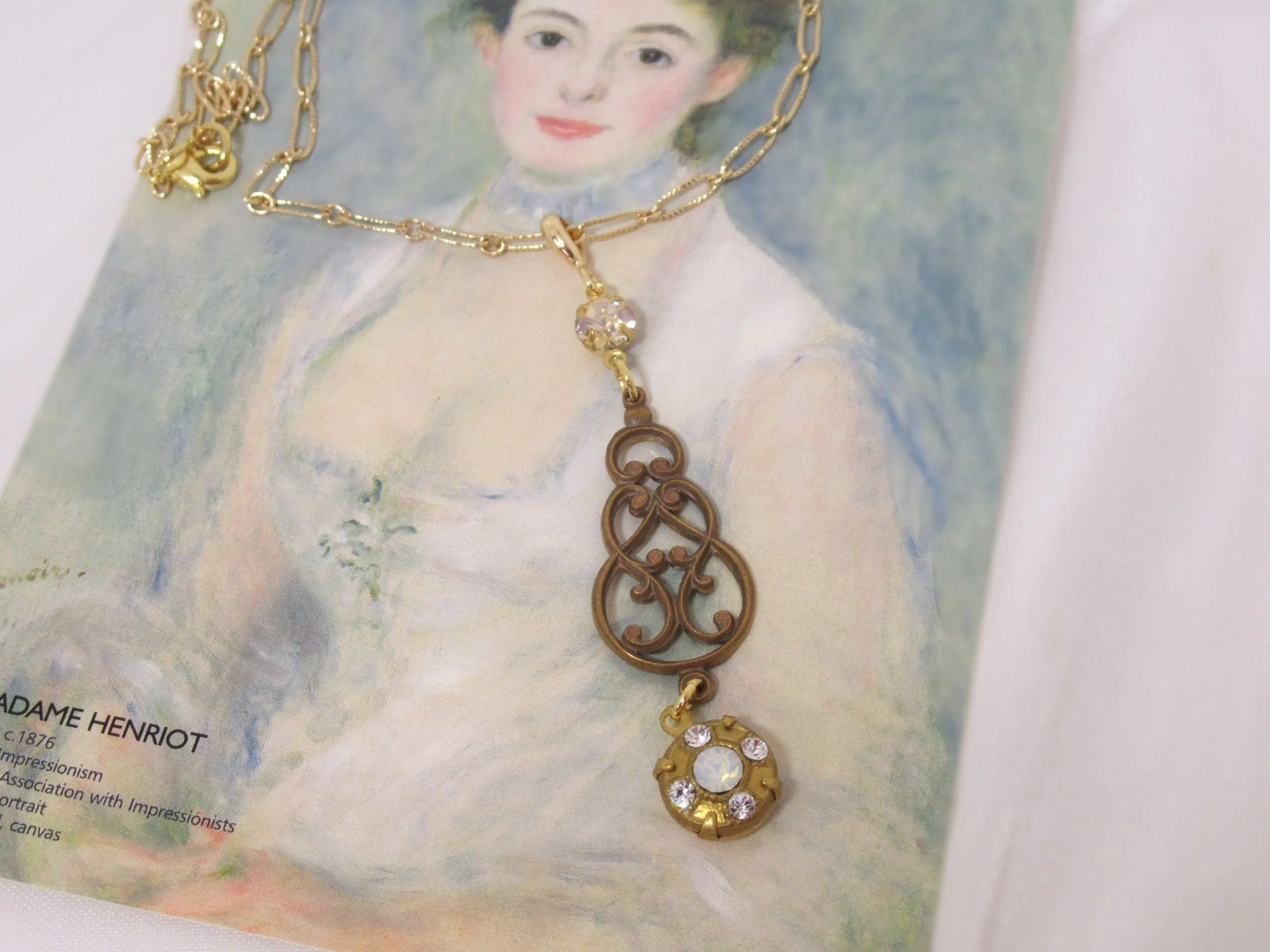 Handcrafted Vintage Brass Stamping Austrian Crystal Gold-Plated Paper Clip Necklace Pendant