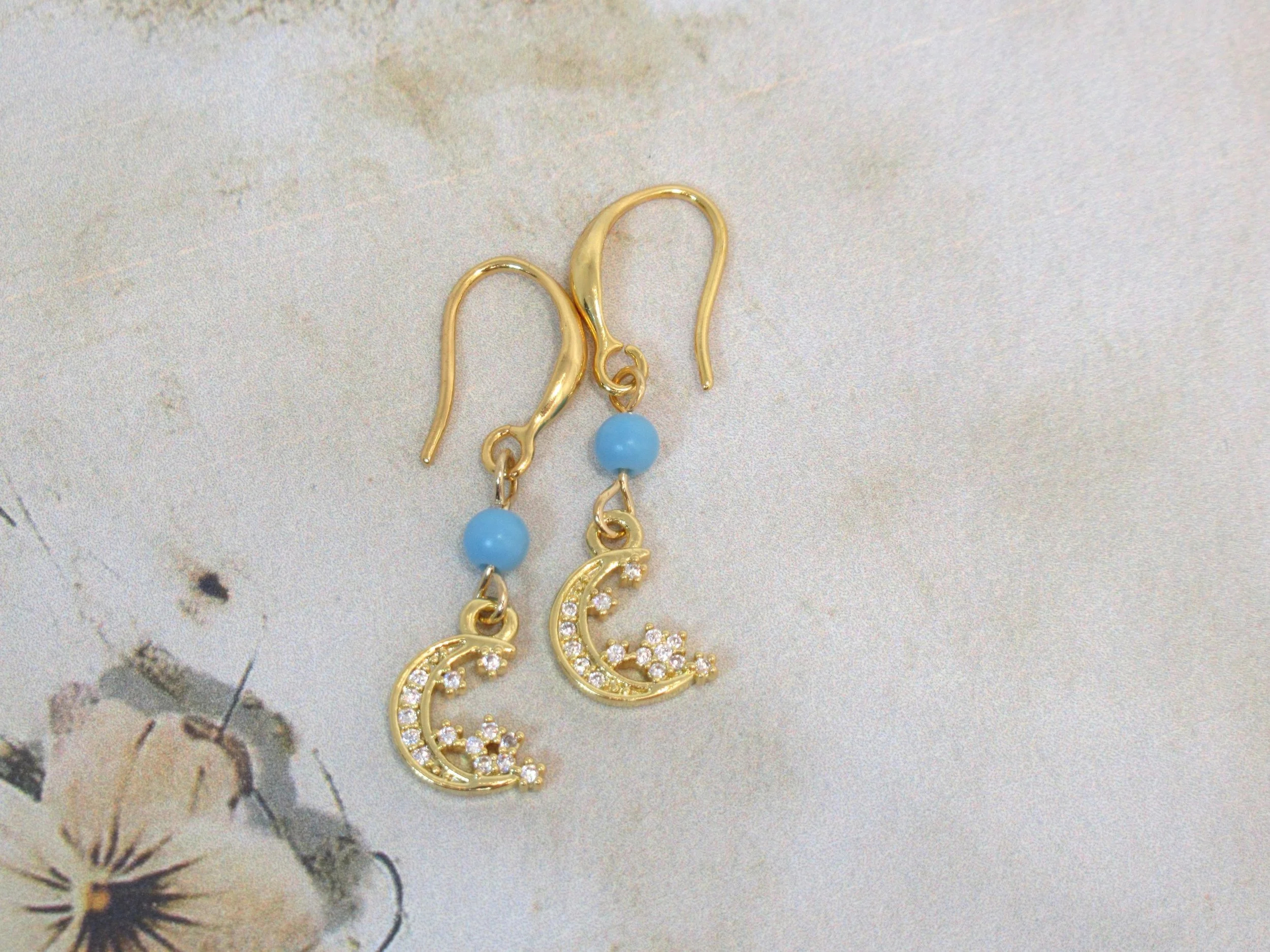 Rosies Vintage and Nik NaksHandcrafted Celestial Moon Gold Plated Vintage Blue Bead Earrings old New.