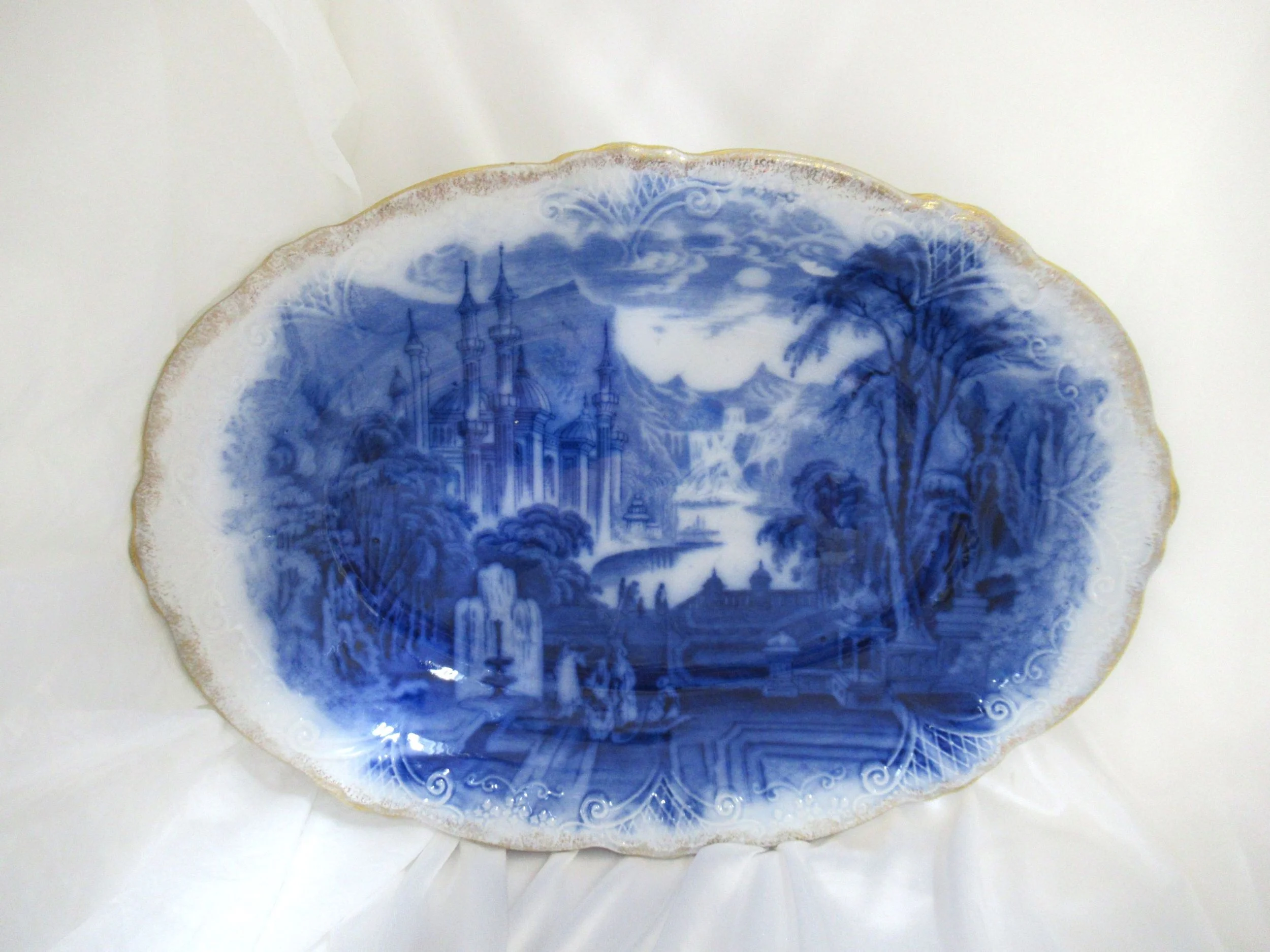 Antique 1890s Flow Blue Romanticism Istanbul Design Staffordshire England Oval Plate Dish