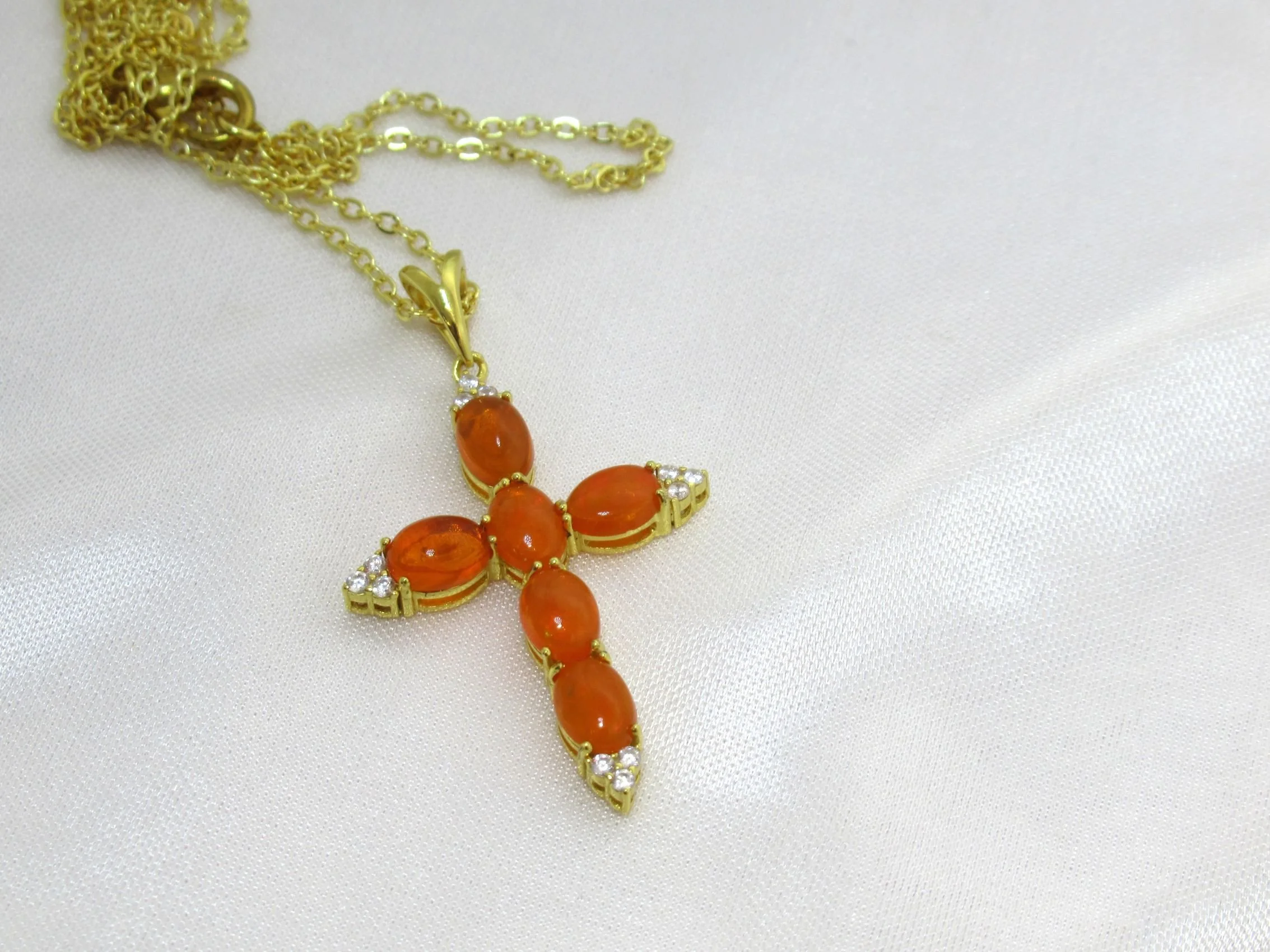 Rosies Vintage and Nik Naks Sterling Silver Gold Plated Fire Opal 7 x 5 mm Cross Necklace Natural Gemstone Fine Jewellery.