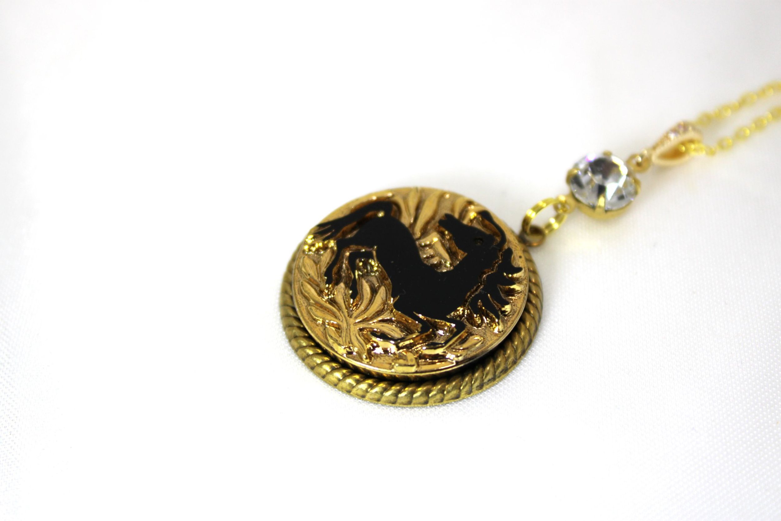 Rosies Vintage and Nik Naks Handcrafted Vintage Black & Gold Glass Horse Crystal Drop Pendant Necklace | Brass Edged Jewellery