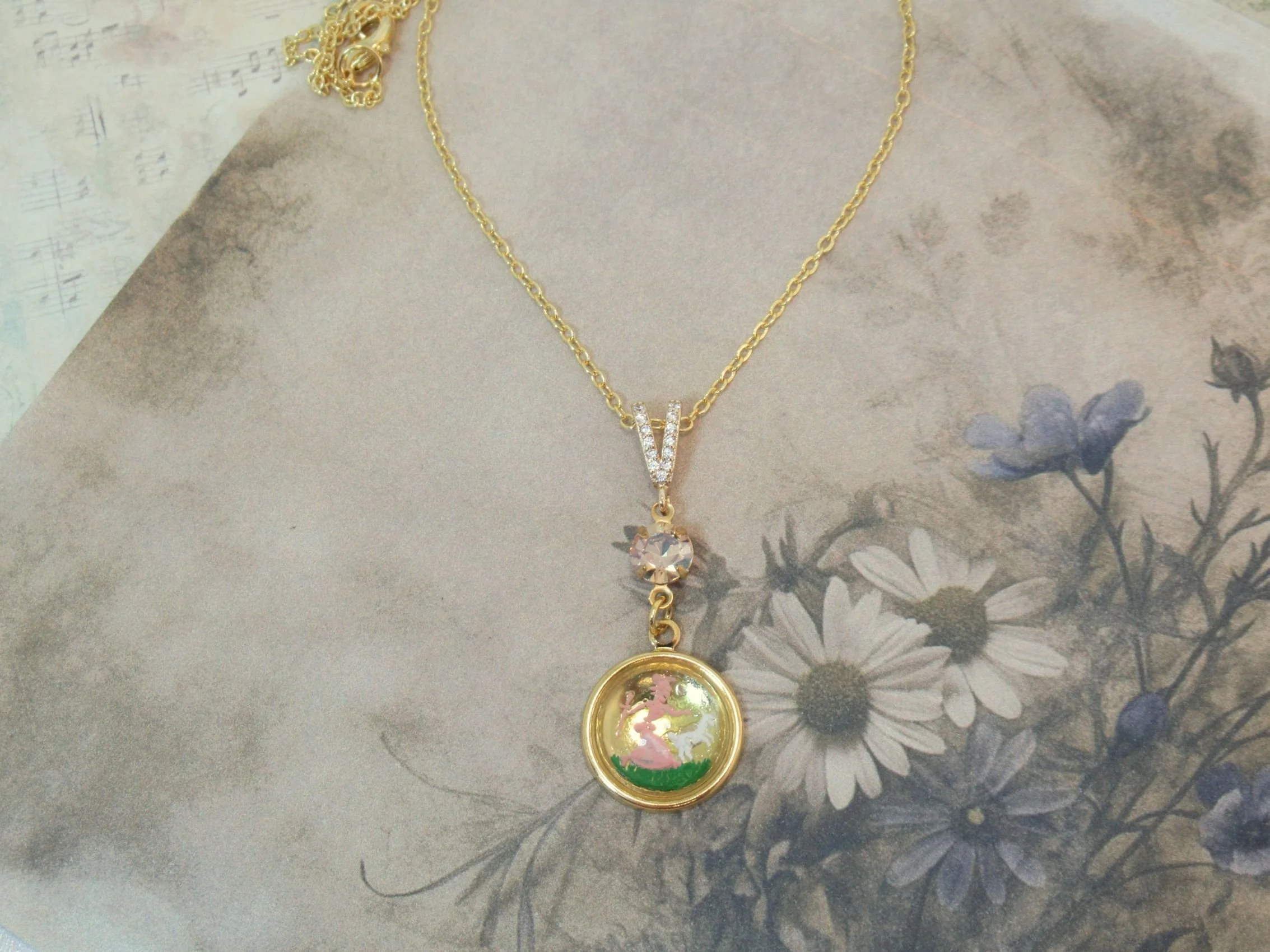 Rosies Vintage and Nik Naks Handcrafted Vintage Glass Intaglio Cameo Crystal Necklace Pendant Nursery Rhyme Mary's Lamb.