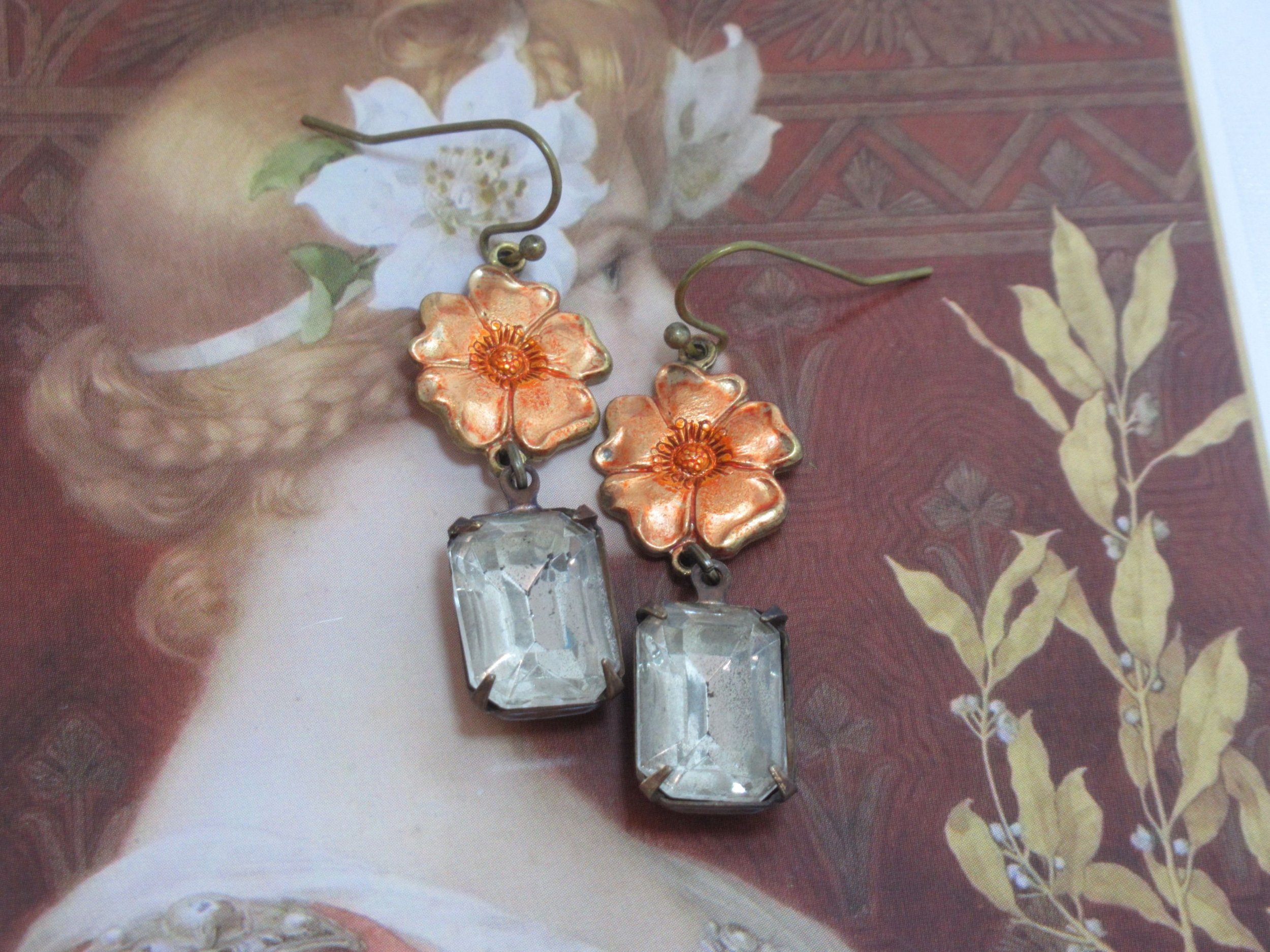 Handcrafted Vintage Glass Tangerine Fire Polished Floral Enamel Earrings Old New.