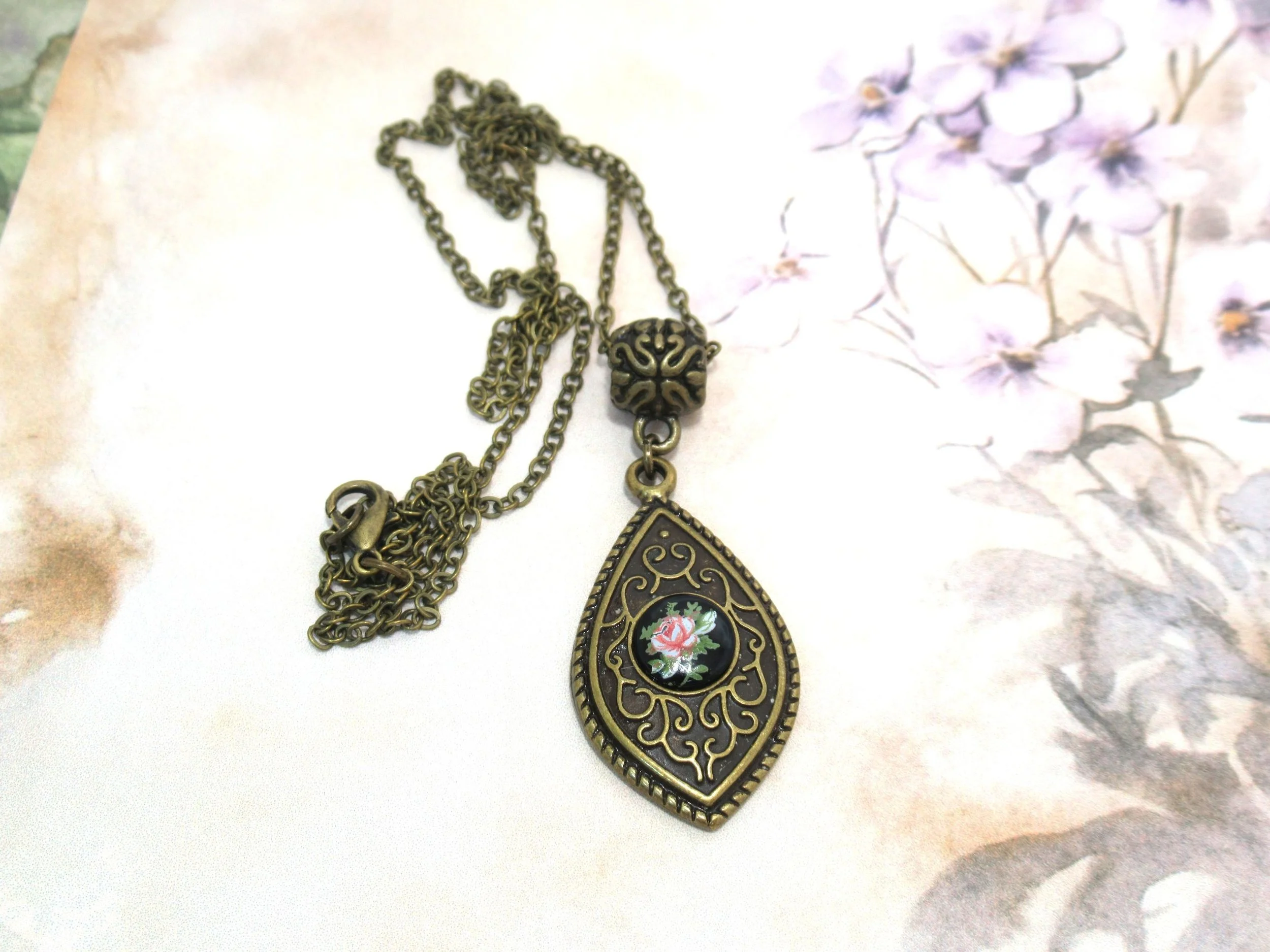 Handcrafted Vintage Rose Limoges Cameo Bronze Pendant Necklace Old New