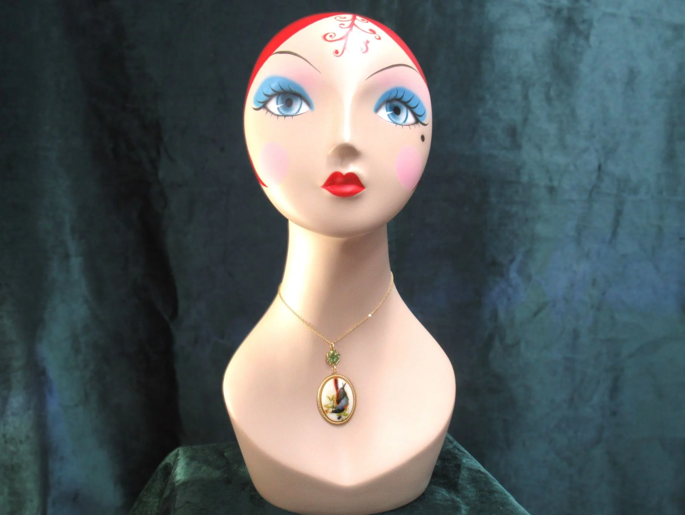 Rosies Vintage and Nik Naks Handcrafted Vintage Limoges Bird Cameo & Sage Green Enamel Necklace