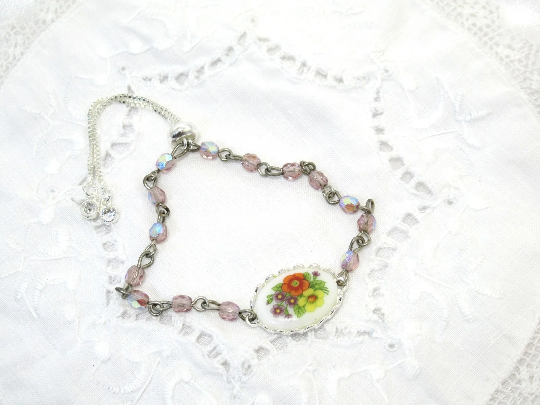 Rosies Vintage and Nik Naks Handcrafted Vintage Cameo Floral Decal Glass Beaded Adjustable Bracelet Old New.
