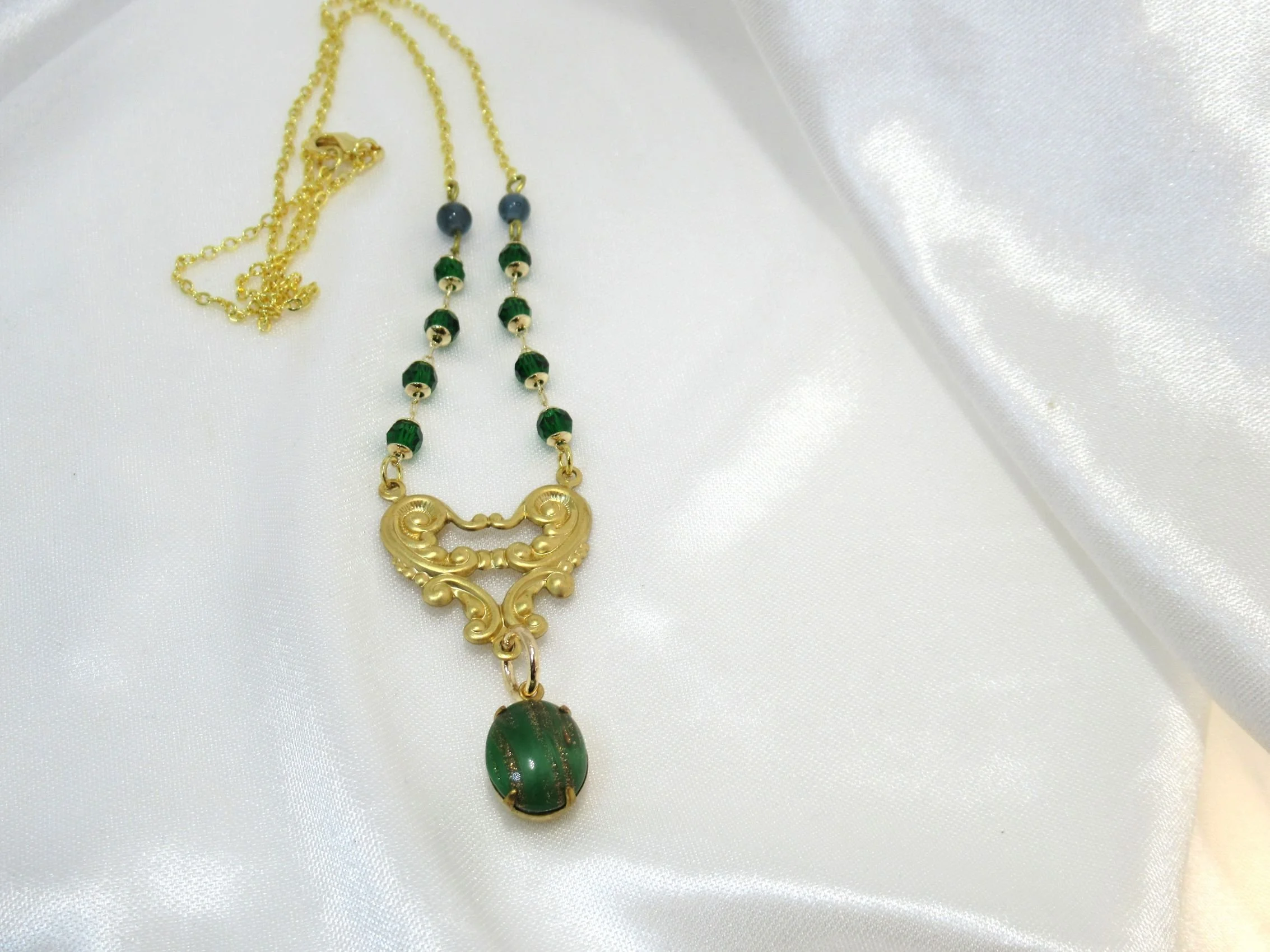 Handcrafted Vintage Gold Filigree Green Drop Glass Bead Necklace