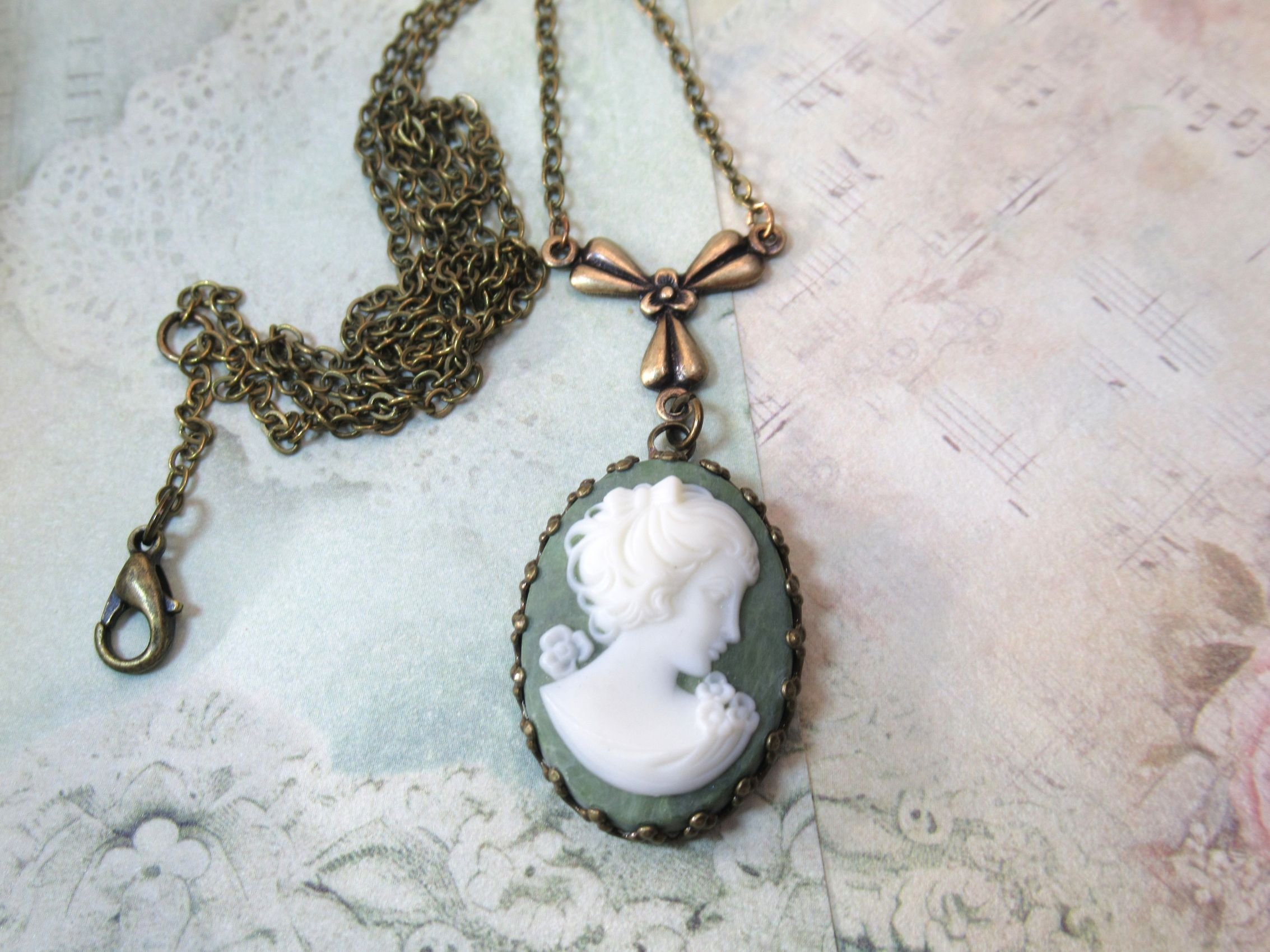 Rosies Vintage and Nik Naks Handcrafted Vintage Green Cameo Art Nouveau Floral Connector Brass Ox Pendant Necklace