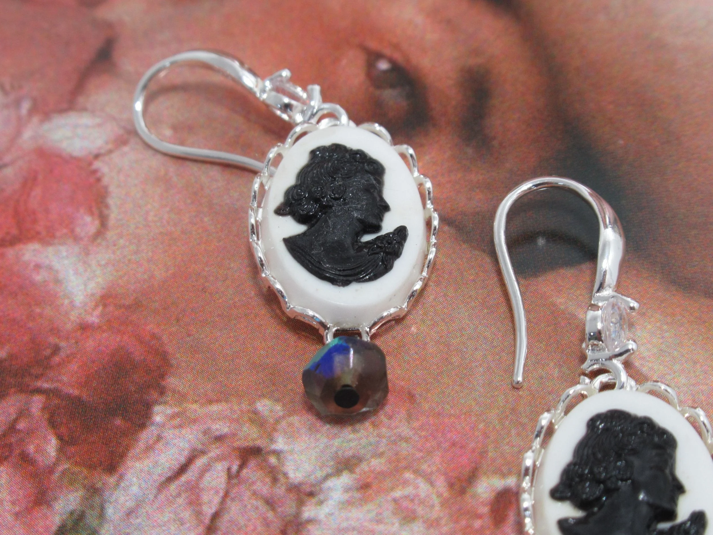 Rosies Vintage and Nik Naks Handcrafted Vintage Neo-Classic Cameo AB Crystal Silver 925 Earrings Old New