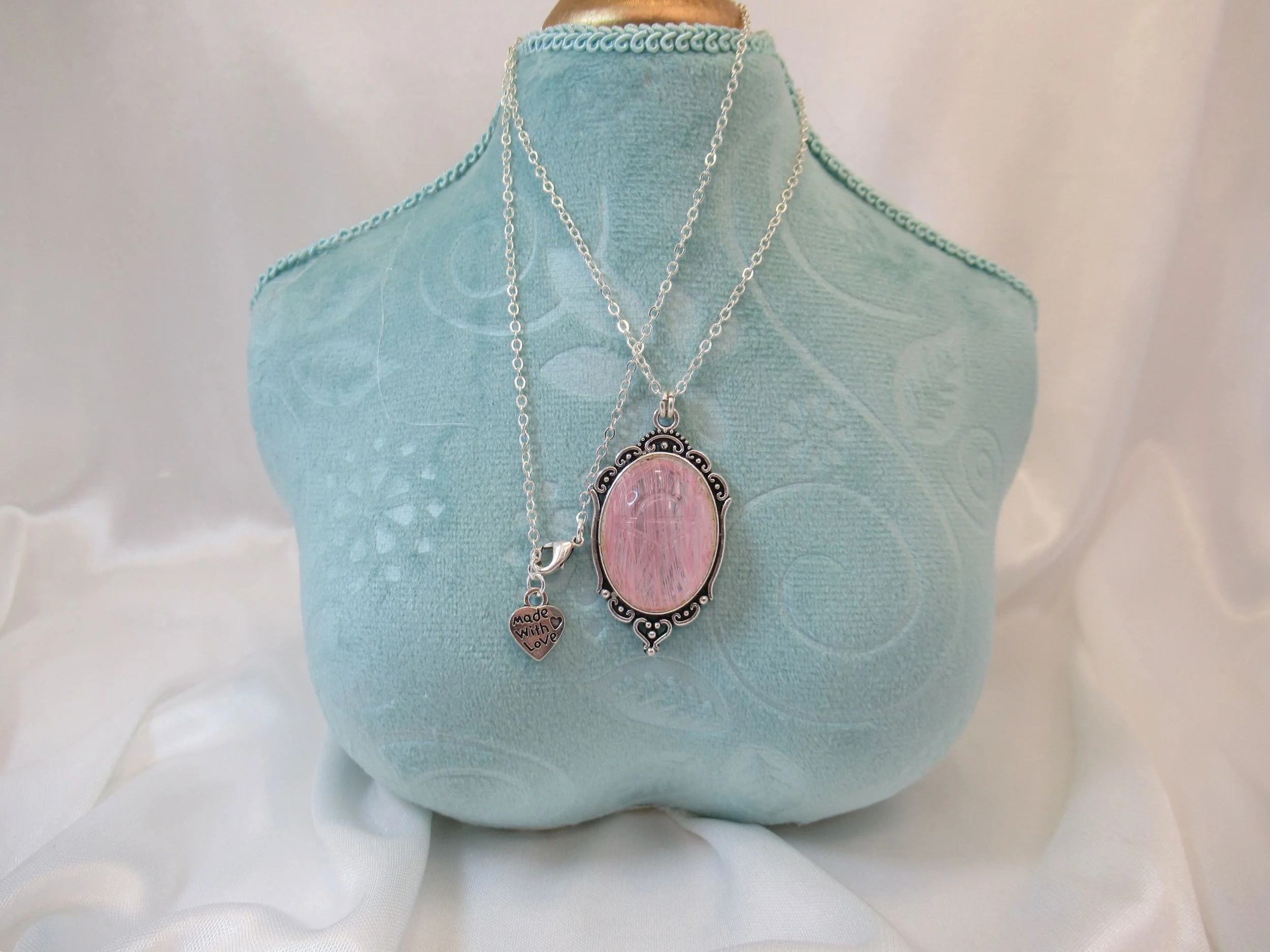 Rosies Vintage and Nik Naks Handcrafted Vintage Rose Quartz Egyptian Scarab & Ornate Filigree Silver Pendant Necklace Old New