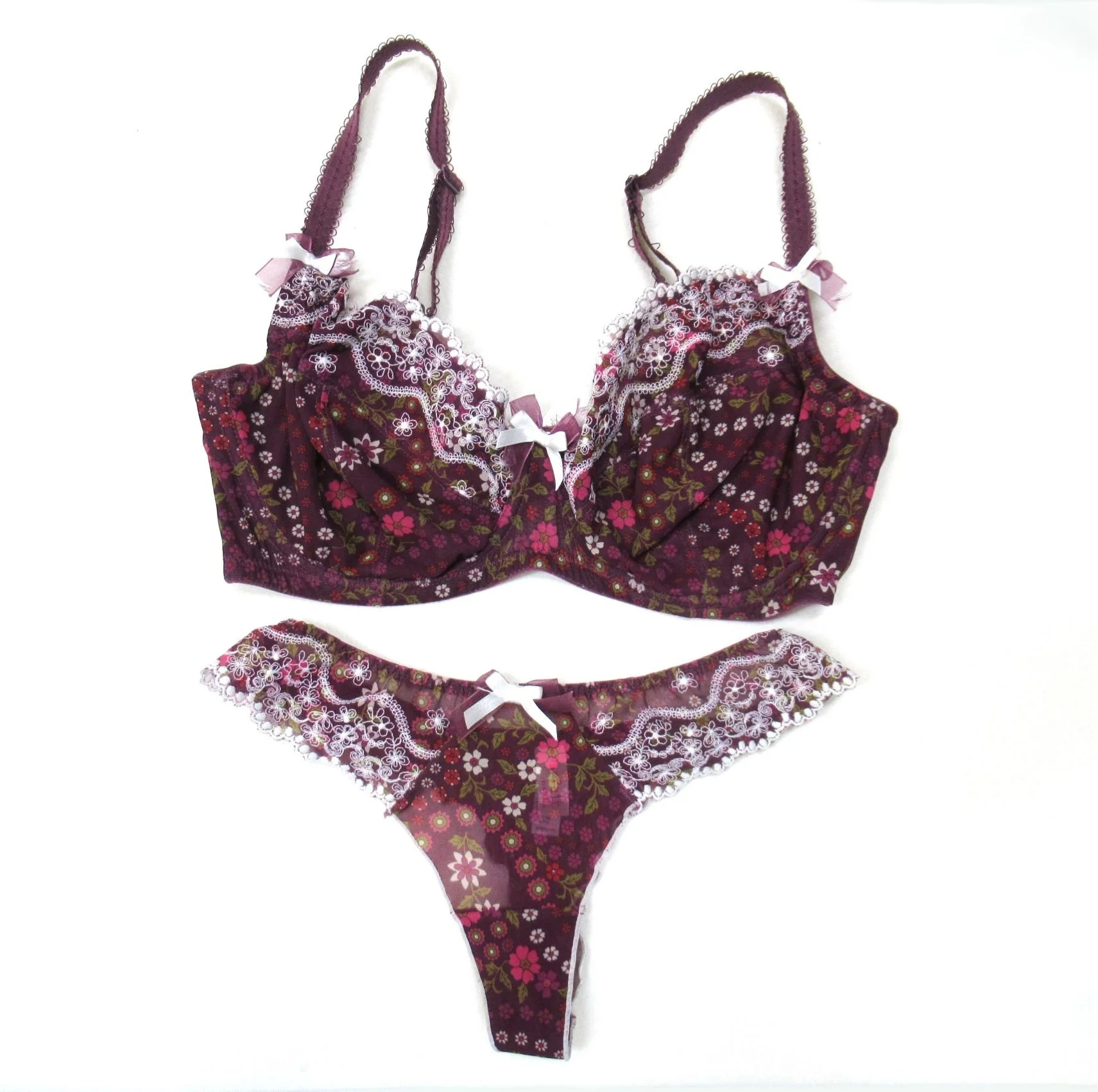 Lingerie 14E Plus Size Bra Size 10 Panty Set Burgundy White Lace Floral Affinitas