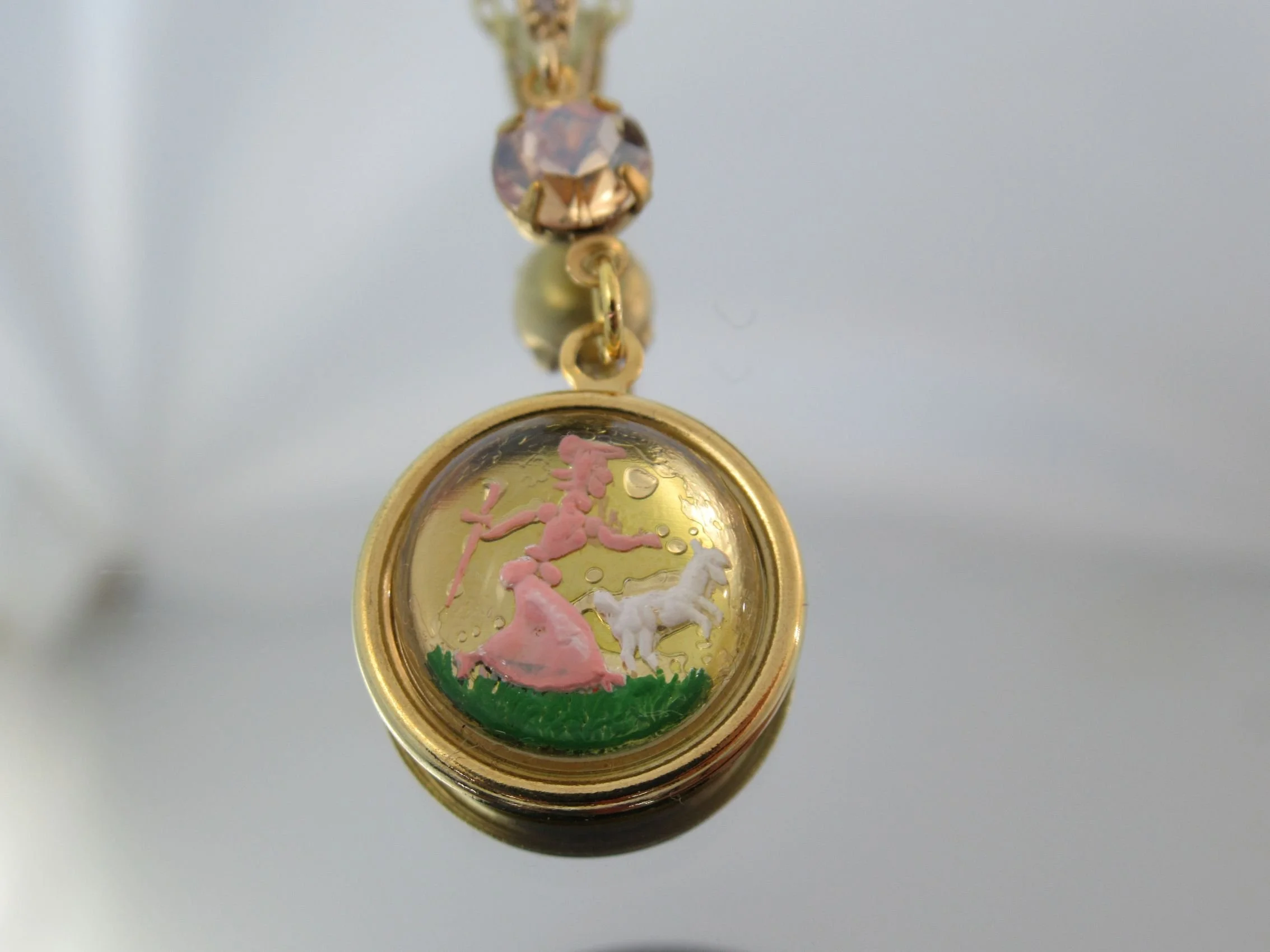 Rosies Vintage and Nik Naks Handcrafted Vintage Glass Intaglio Cameo Crystal Necklace Pendant Nursery Rhyme Mary's Lamb.