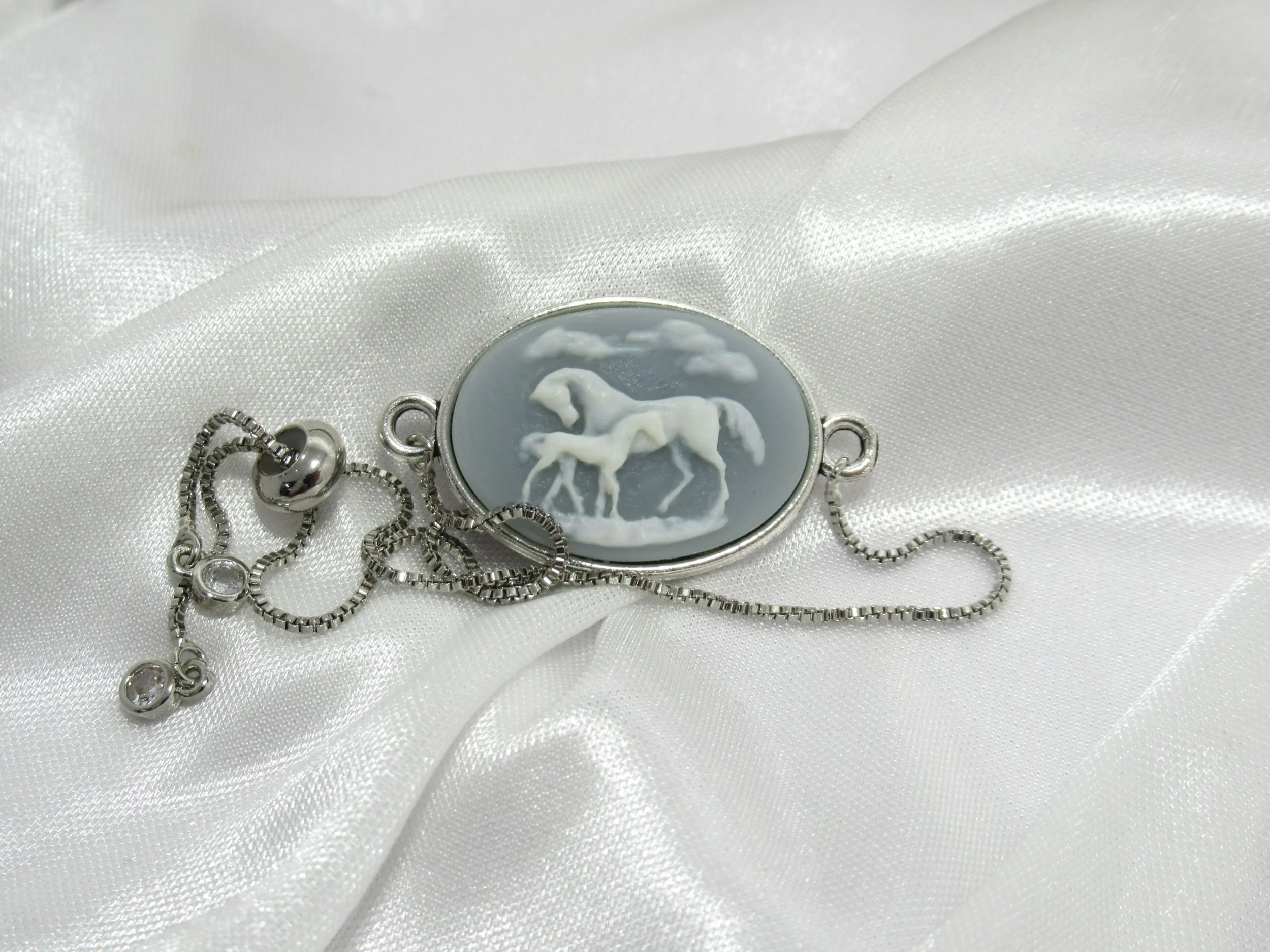 Rosies Vintage and Nik Naks Equestrian Foal & Horse Cameo Handcrafted Silver Adjustable Slider Bracelet