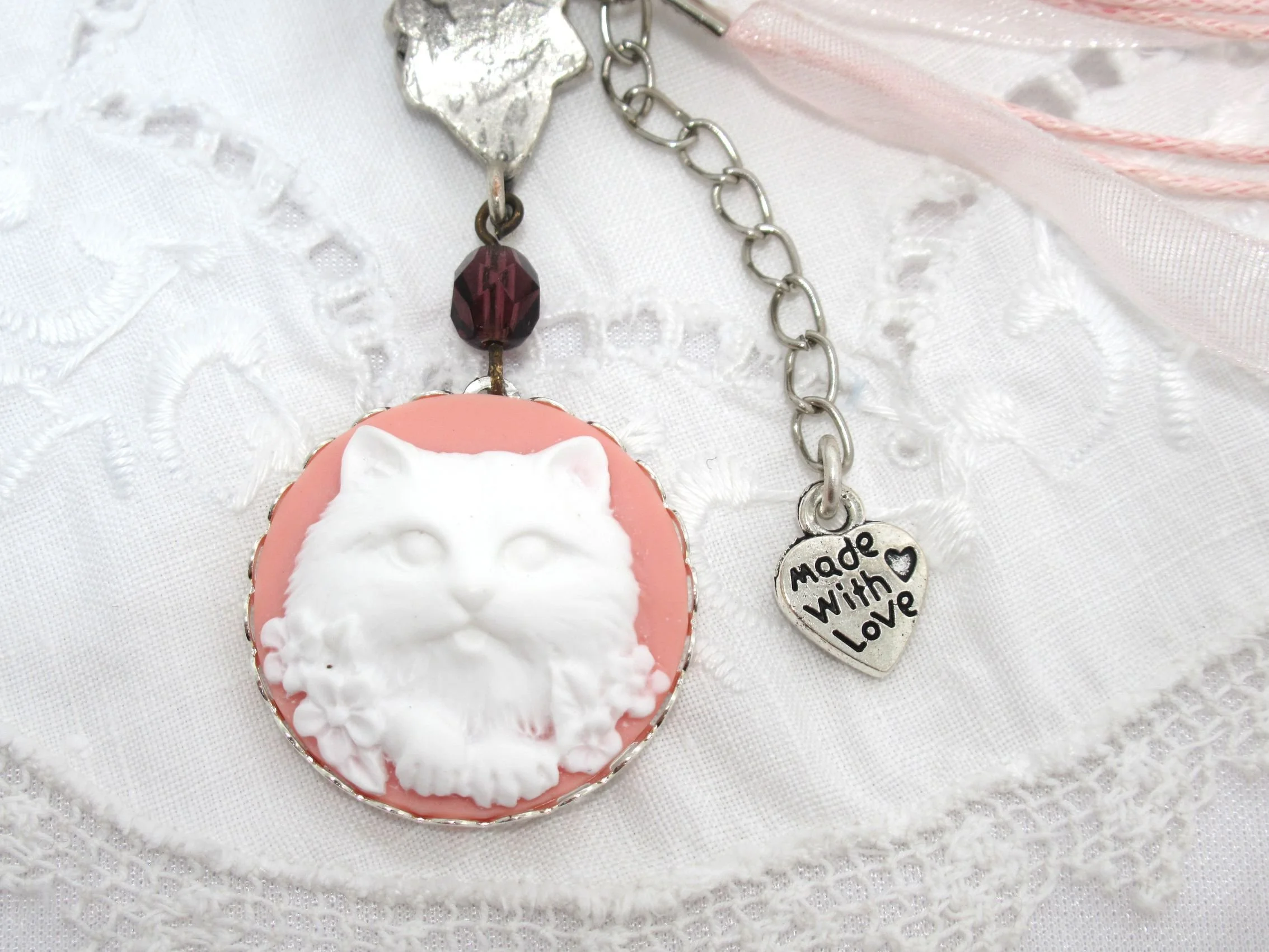Rosies Vintage and Nik Naks Handcrafted Feline Cat Cameo Silver Pink Ribbon Choker Necklace Pendant.