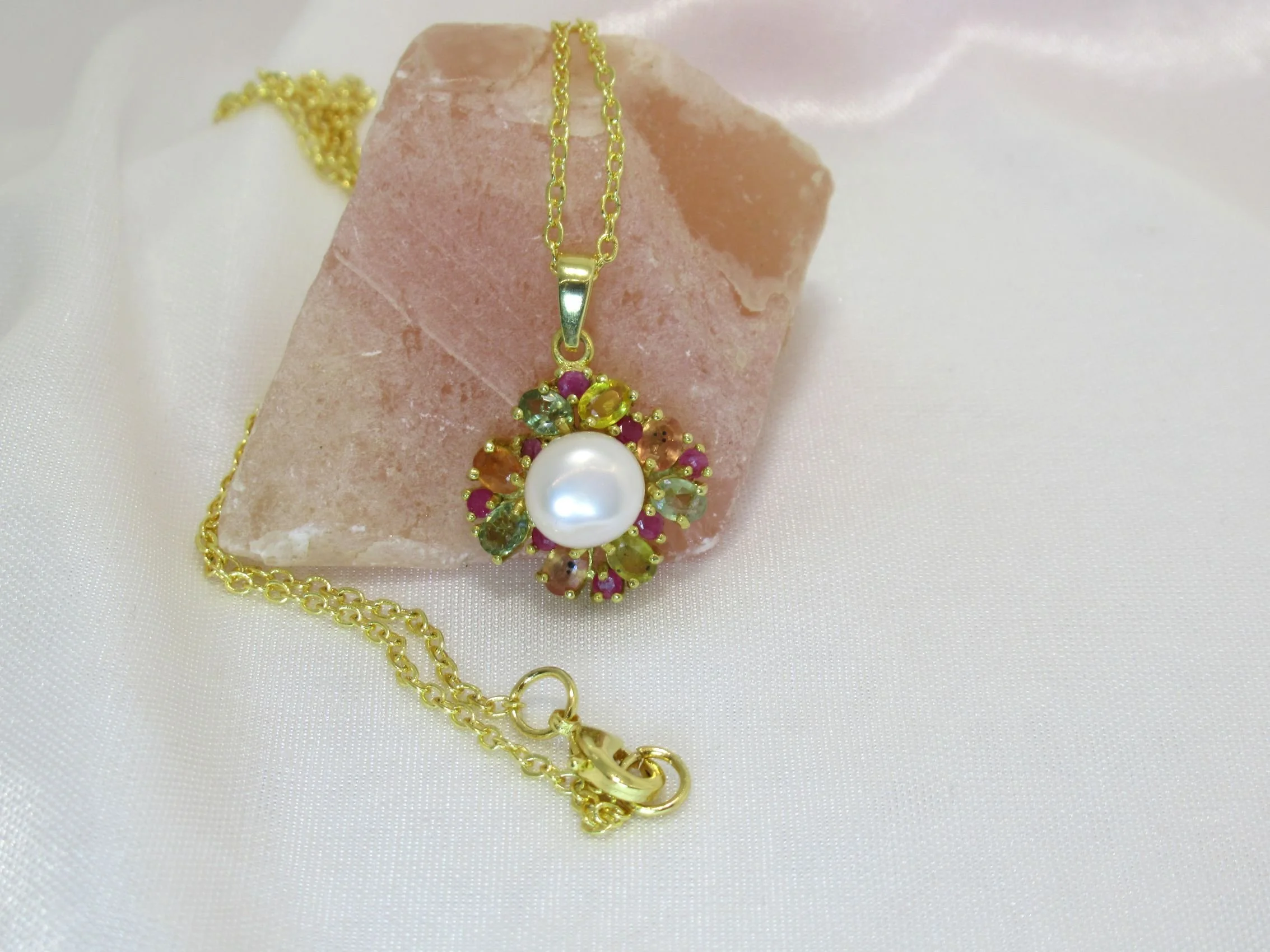 Rosies Vintage and Nik Naks 925 Sterling Silver Sapphire Ruby Natural Gemstone Freshwater Pearl 14K G-P Necklace Pendant.