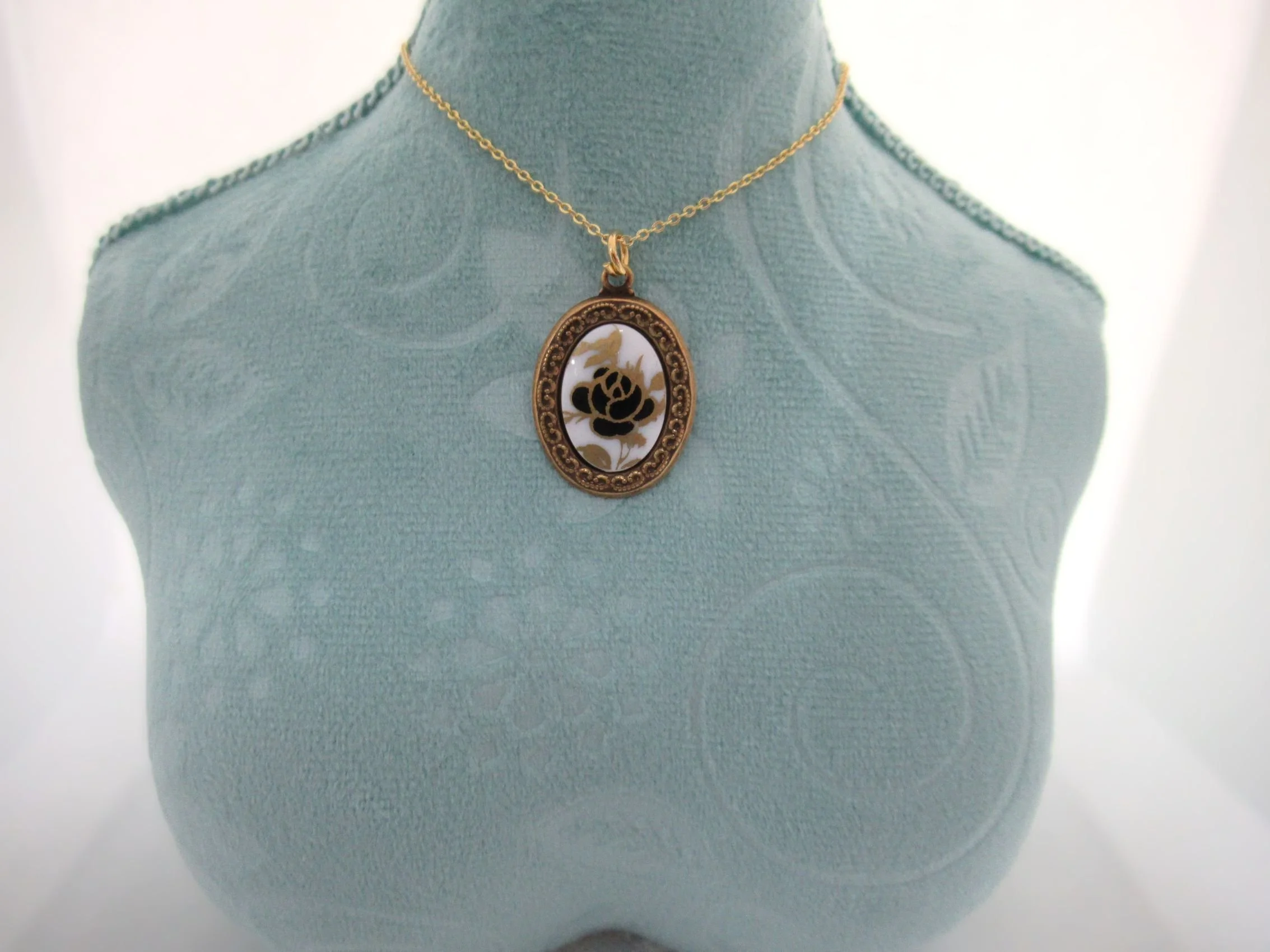 Rosies Vintage and Nik Naks Handcrafted Vintage Black & Gold Rose Cameo Decal Brass Ox Pendant Necklace