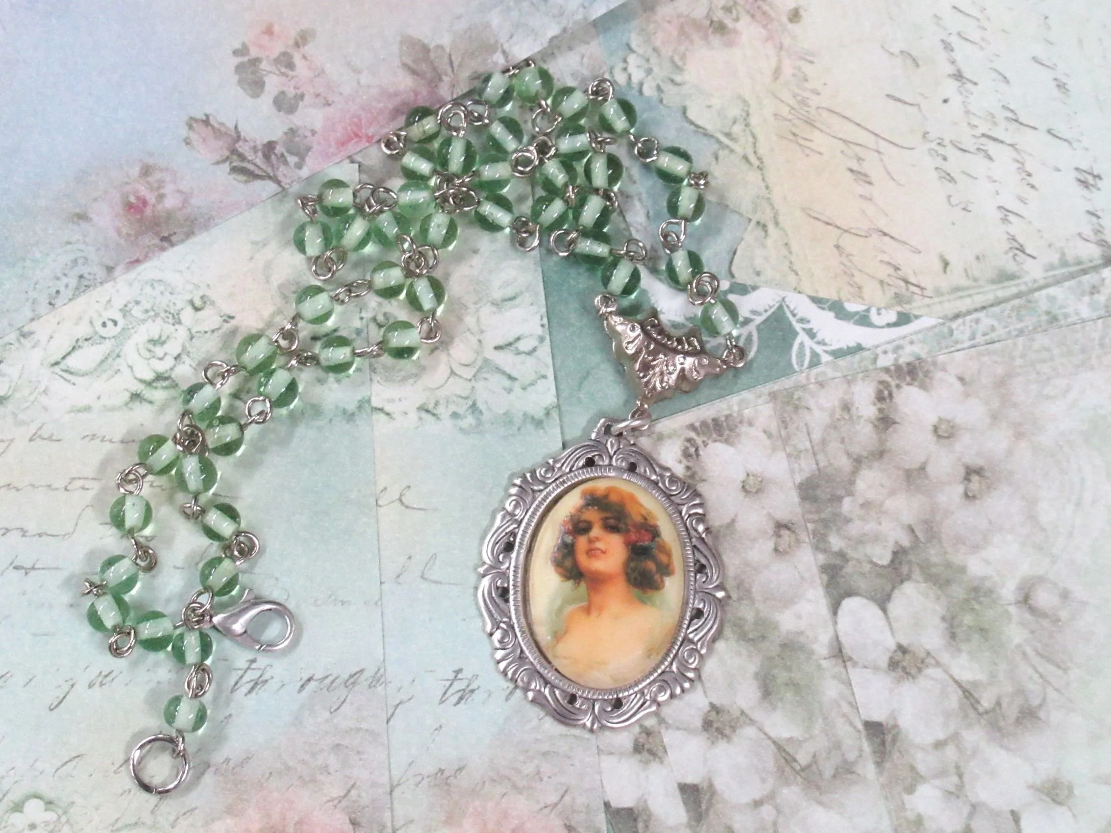 Rosies Vintage and Nik Naks Handcrafted Vintage Art Nouveau Lady Portrait Cameo Pendant & Green Glass Beaded Chain.