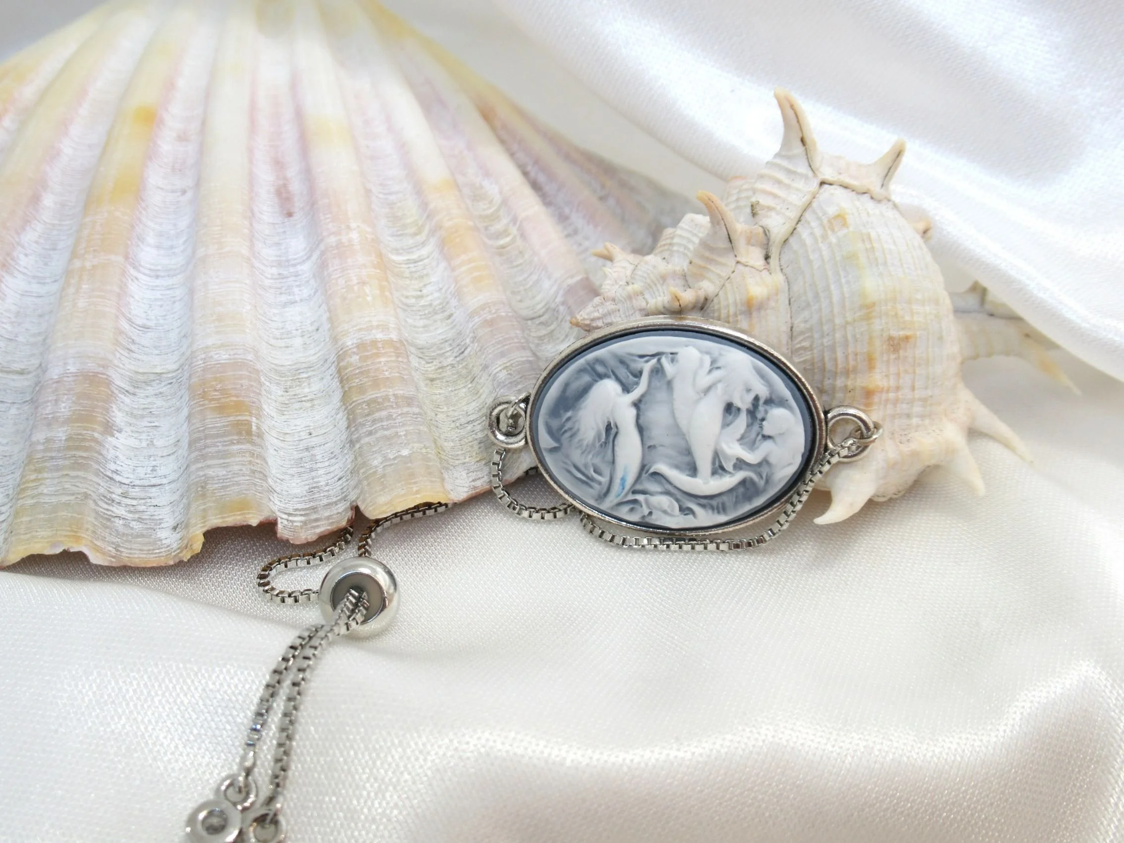 Handcrafted Vintage Style Mermaid Blue Cameo Bracelet | Silver Plated Adjustable Slider