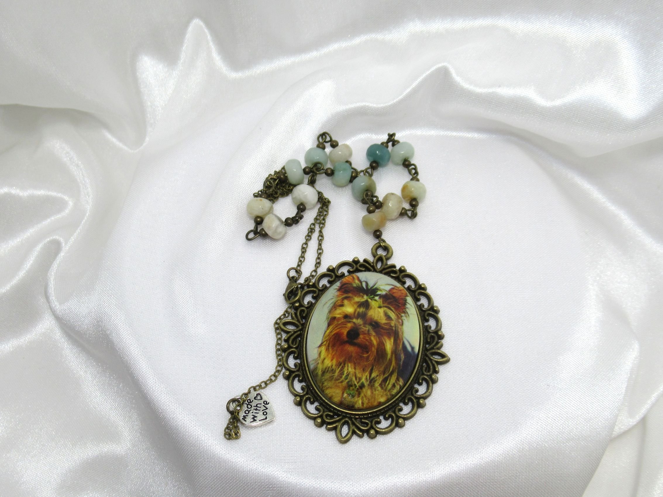 Rosies Vintage and Nik Naks Handcrafted Vintage Yorkshire Terrier Cameo Amazonite Stone Brass Pendant Necklace.
