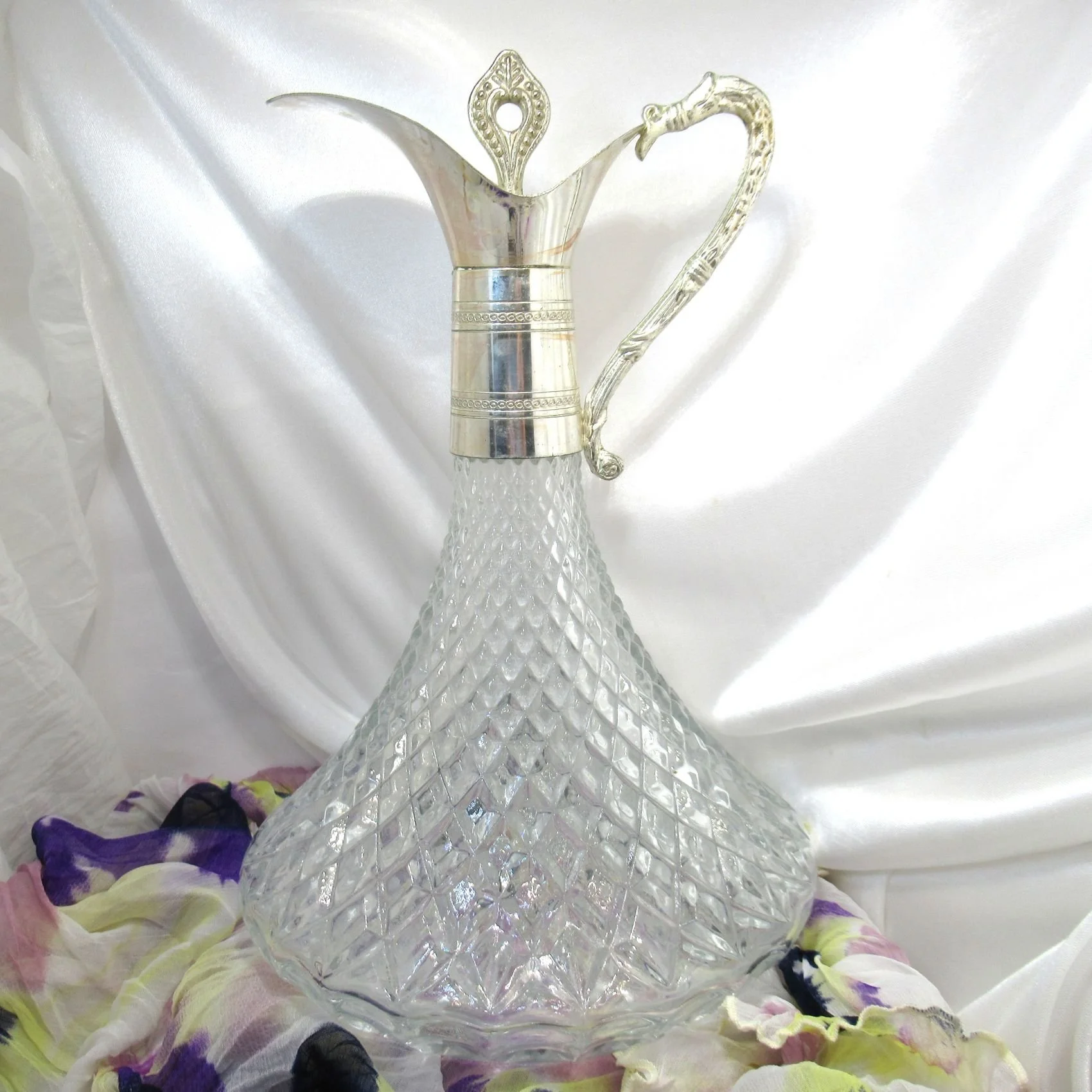 Vintage Crystal Large Wine Ewer Decanter Silver-Plated With Stopper Metalstil Italy