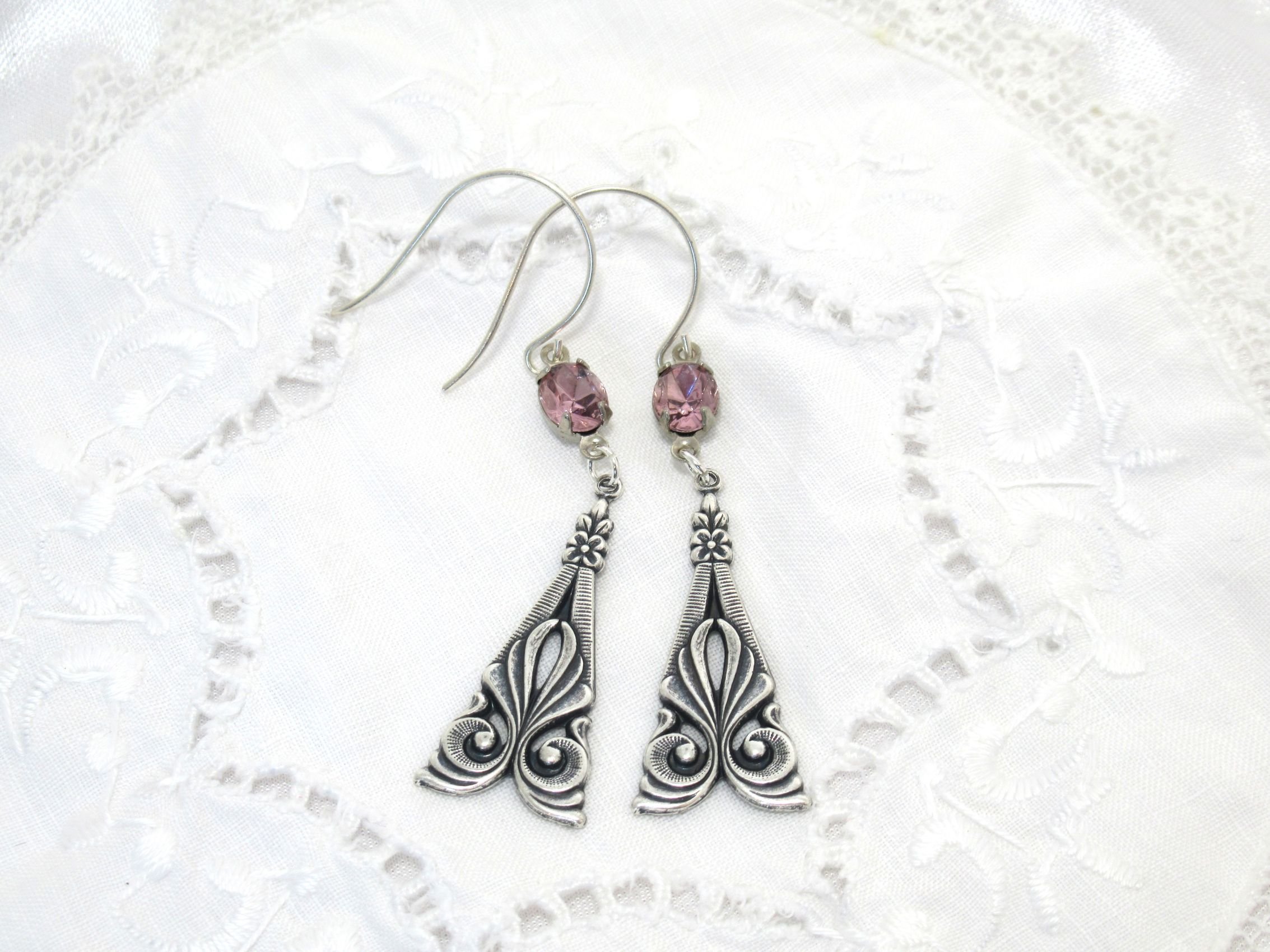 Rosies Vintage and Nik Naks Handcrafted Art Deco 1960s Amethyst Hued Glass Silver-Plated  Earrings Old New.