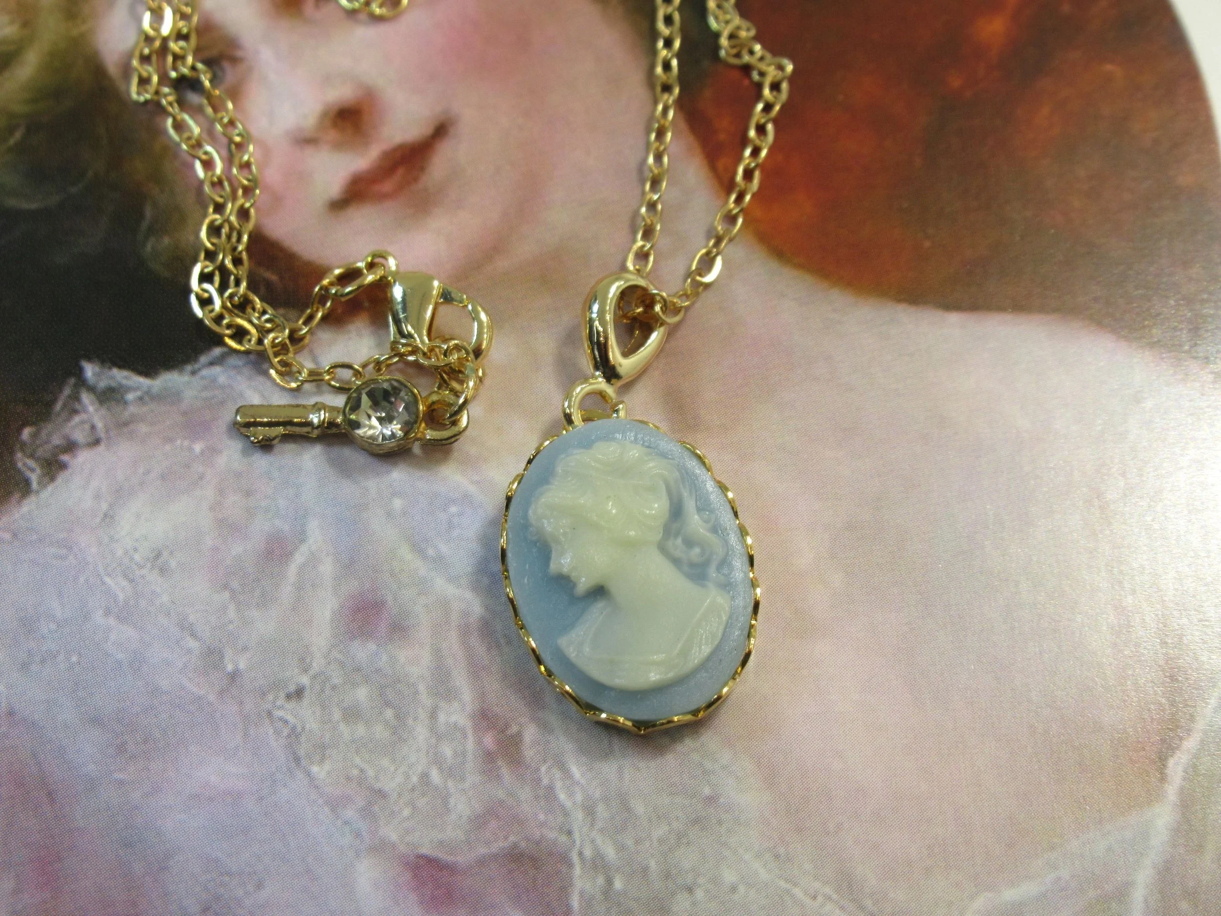 Rosies Vintage and Nik Naks Handcrafted Vintage Cameo Victorian Powder Blue Gold Necklace Pendant Old New.