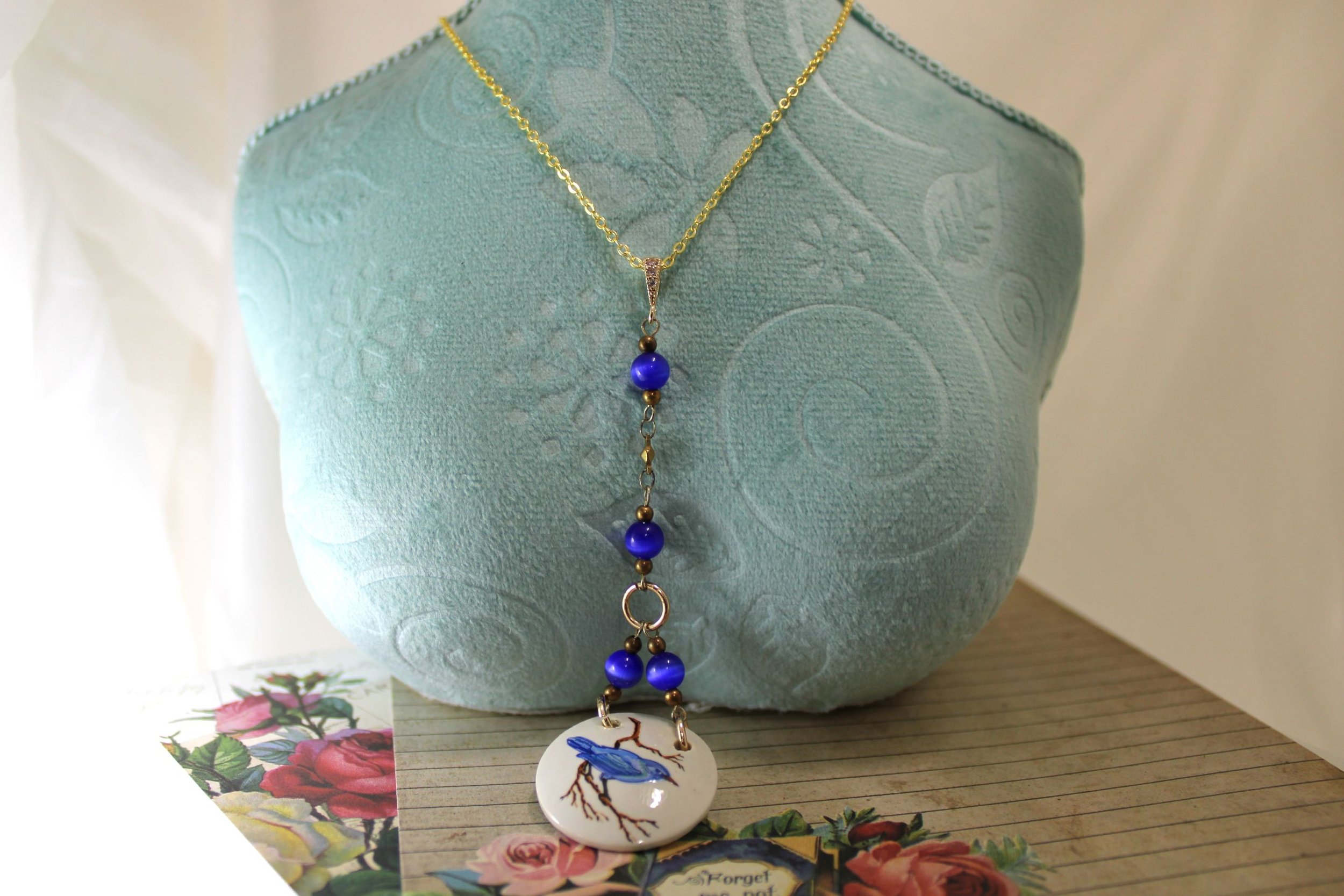 Rosies Vintage and Nik Naks Handcrafted Vintage Blue Bird Porcelain Blue Glass Bead Necklace Pendant