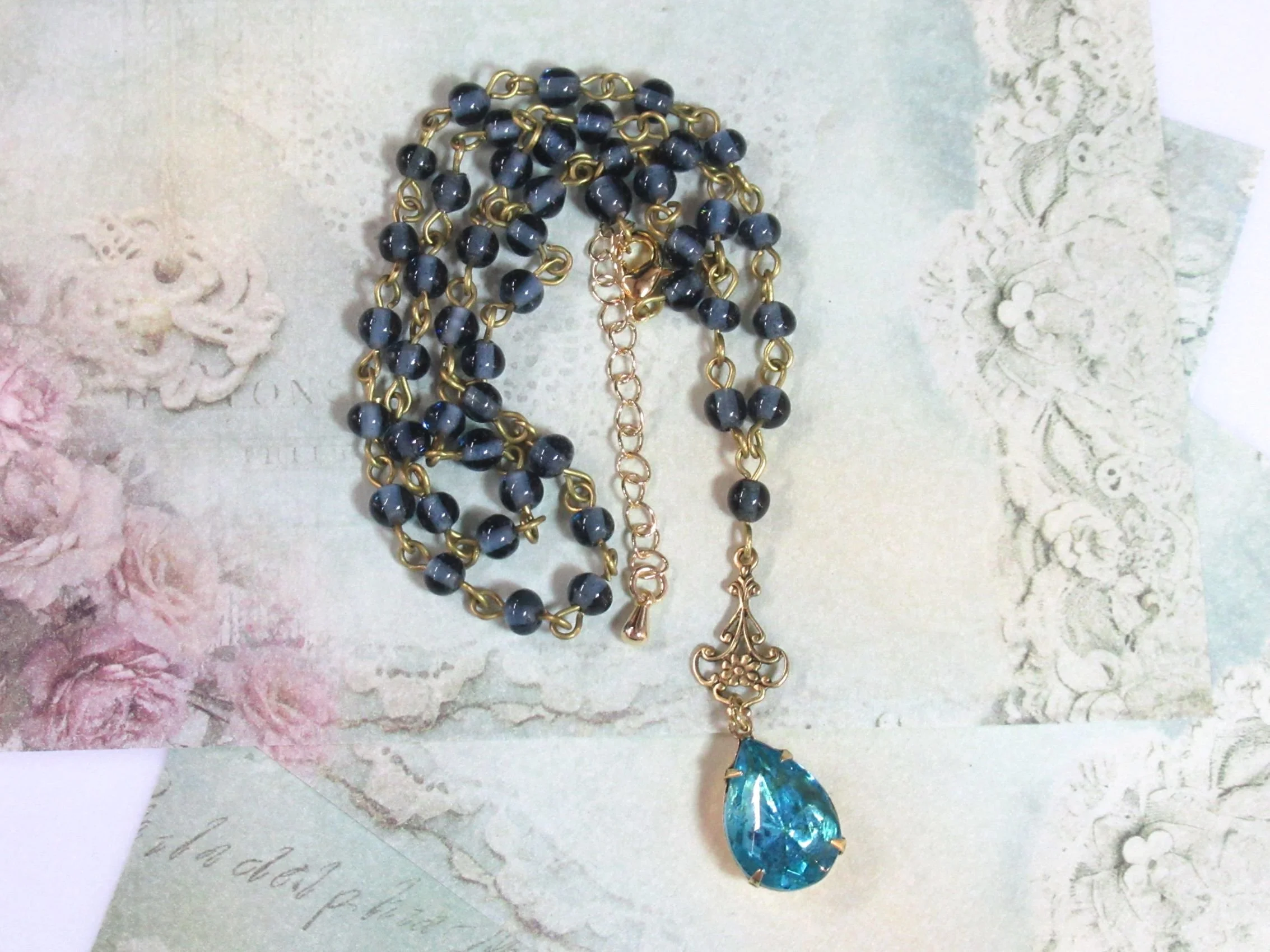 Handcrafted Vintage Brass Crystal Bead Necklace with Blue Drop Pendant
