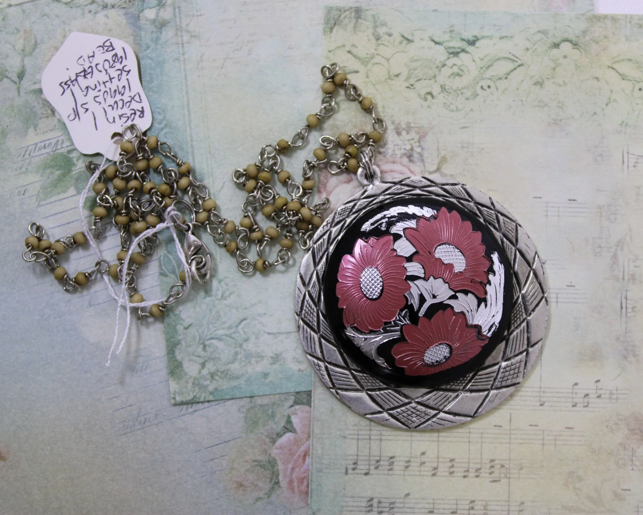 Rosies Vintage & Nik Naks Handcrafted Vintage Pink & Silver Poppy Flower Medallion Drop Pendant Necklace | Sterling Plated Jewellery