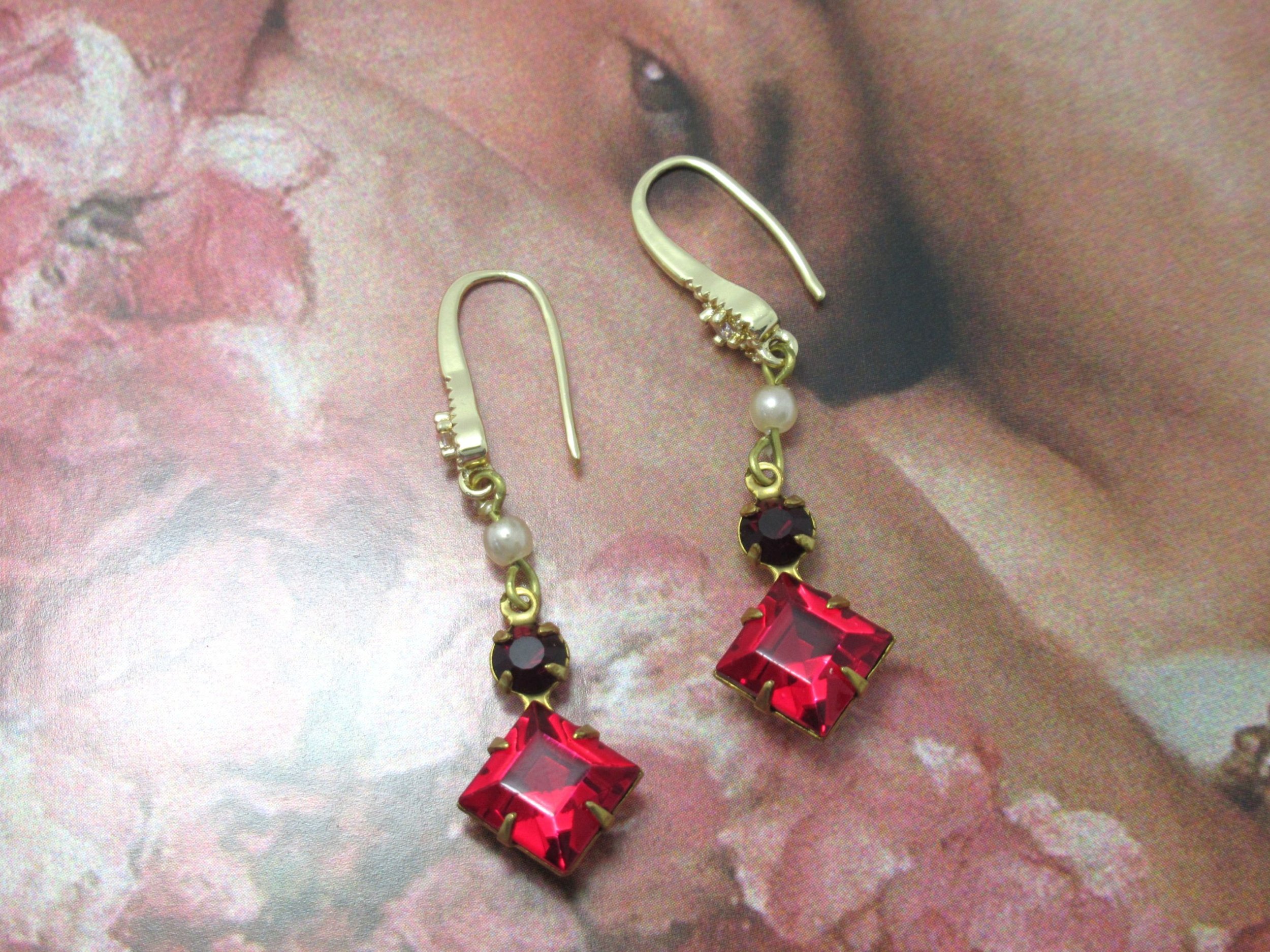 Rosies Vintage and Nik Naks Vintage Handcrafted Austrian Red Crystal & Pearl Gold-Plated Earrings Old New.