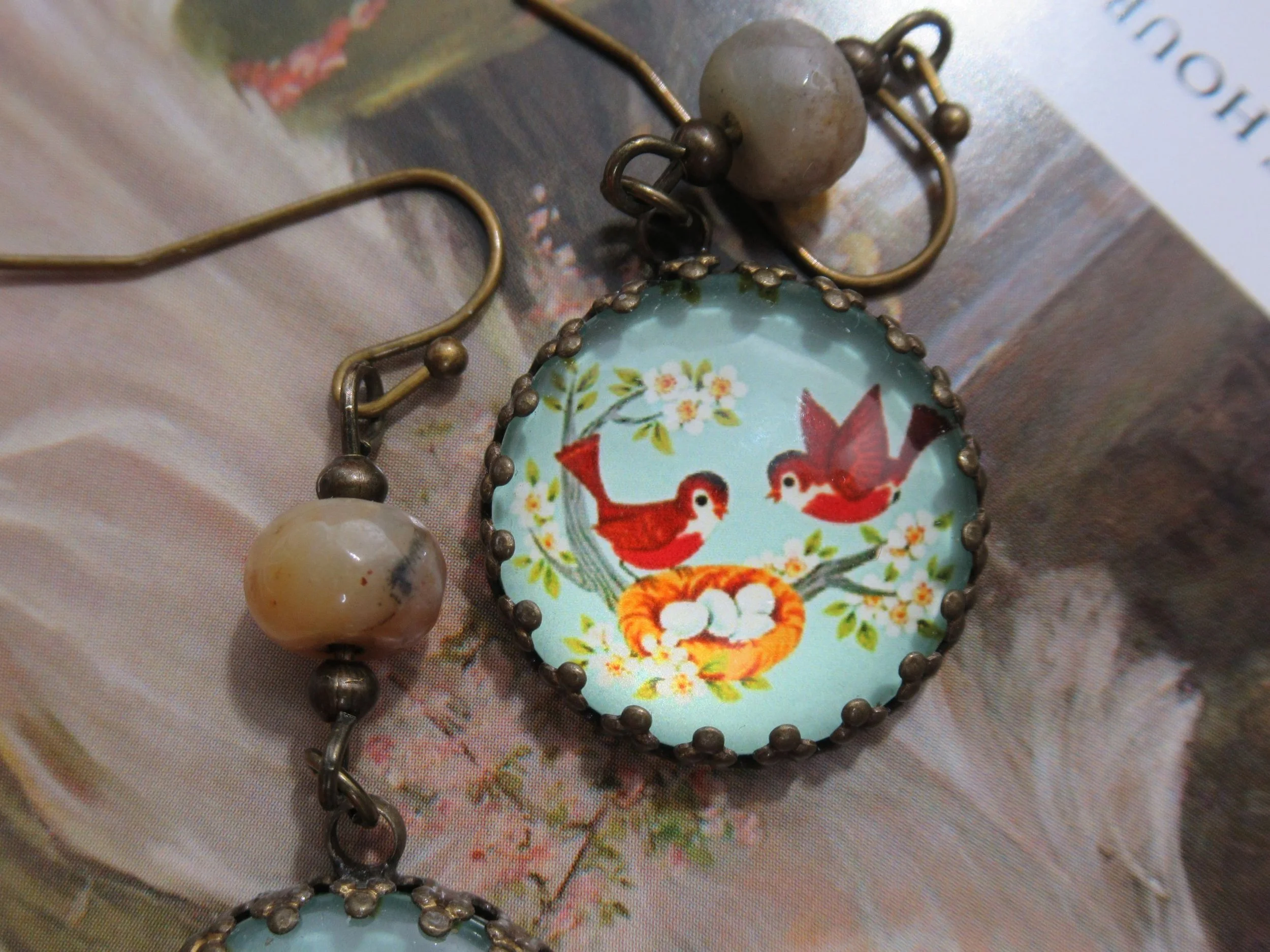 Rosies Vintage and Nik Naks Vintage Style Handcrafted Red Robbin Amazonite Brass Cottage Core Earrings.