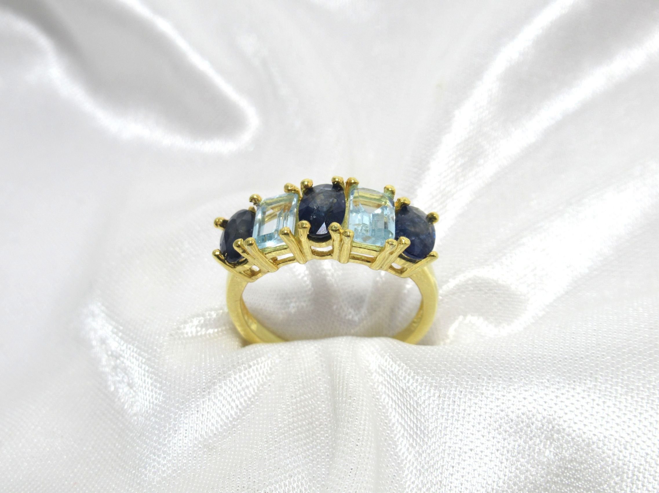 Rosies Vintage and Nik Naks 925 Sterling Silver 14K Yellow Gold -Plated Blue Sapphire and Sky Blue Topaz Ring Fine Jewellery