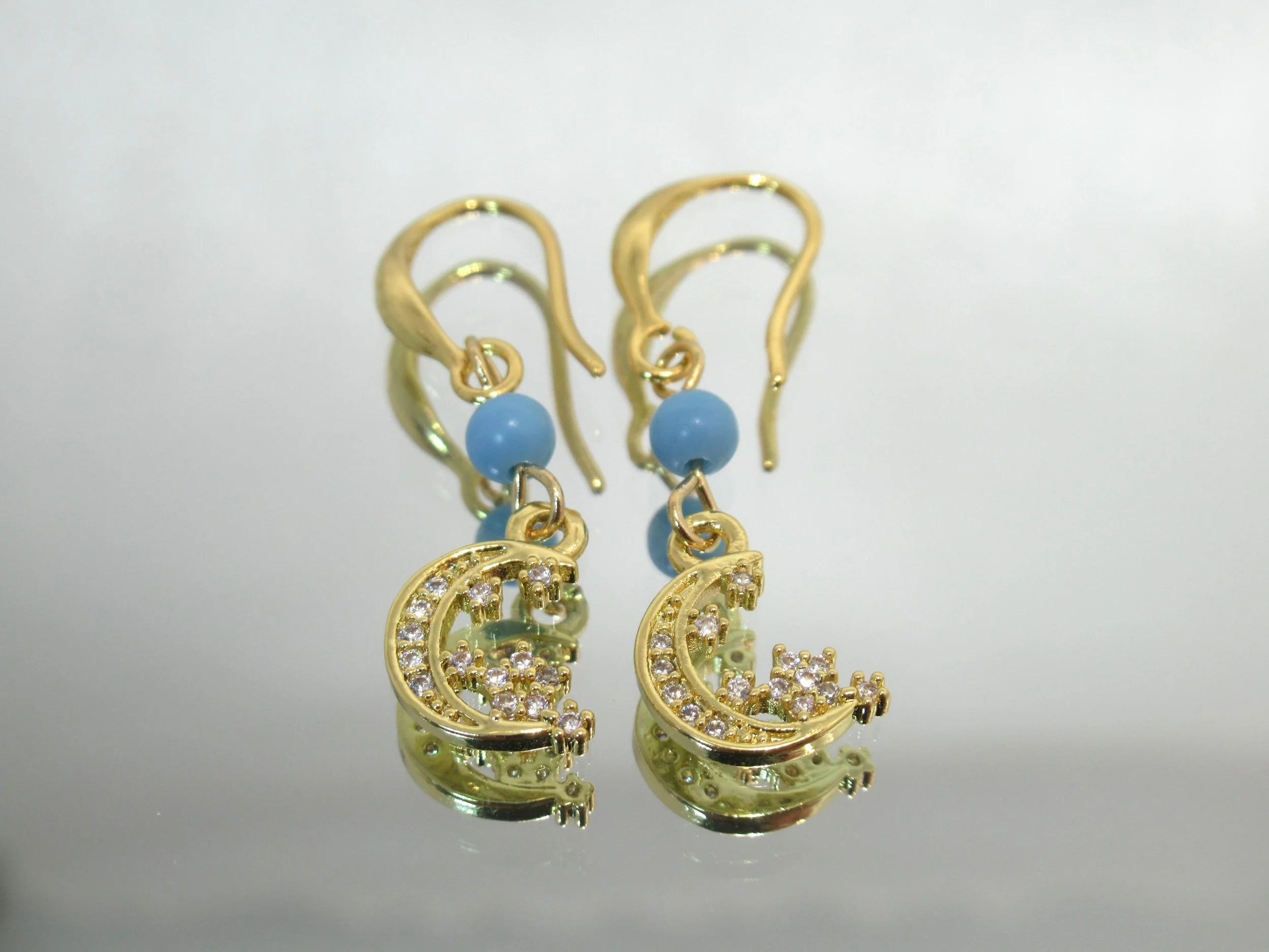 Handcrafted Celestial Moon Gold Plated Vintage Blue Bead Earrings old New.