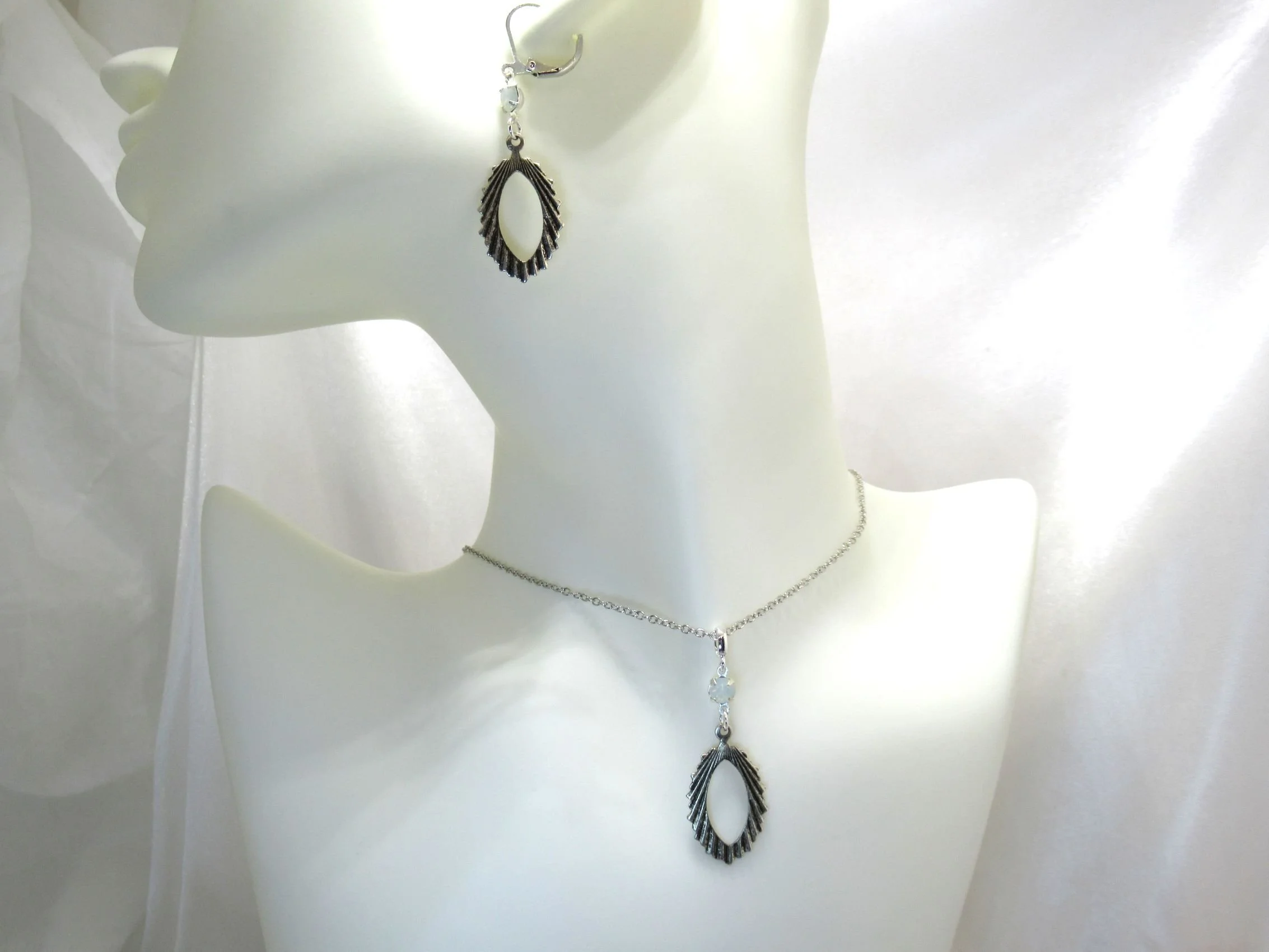 Rosies Vintage and Nik Naks Handcrafted Antiqued Silver Plated Art Deco White Opalescent Earring and Necklace Set.